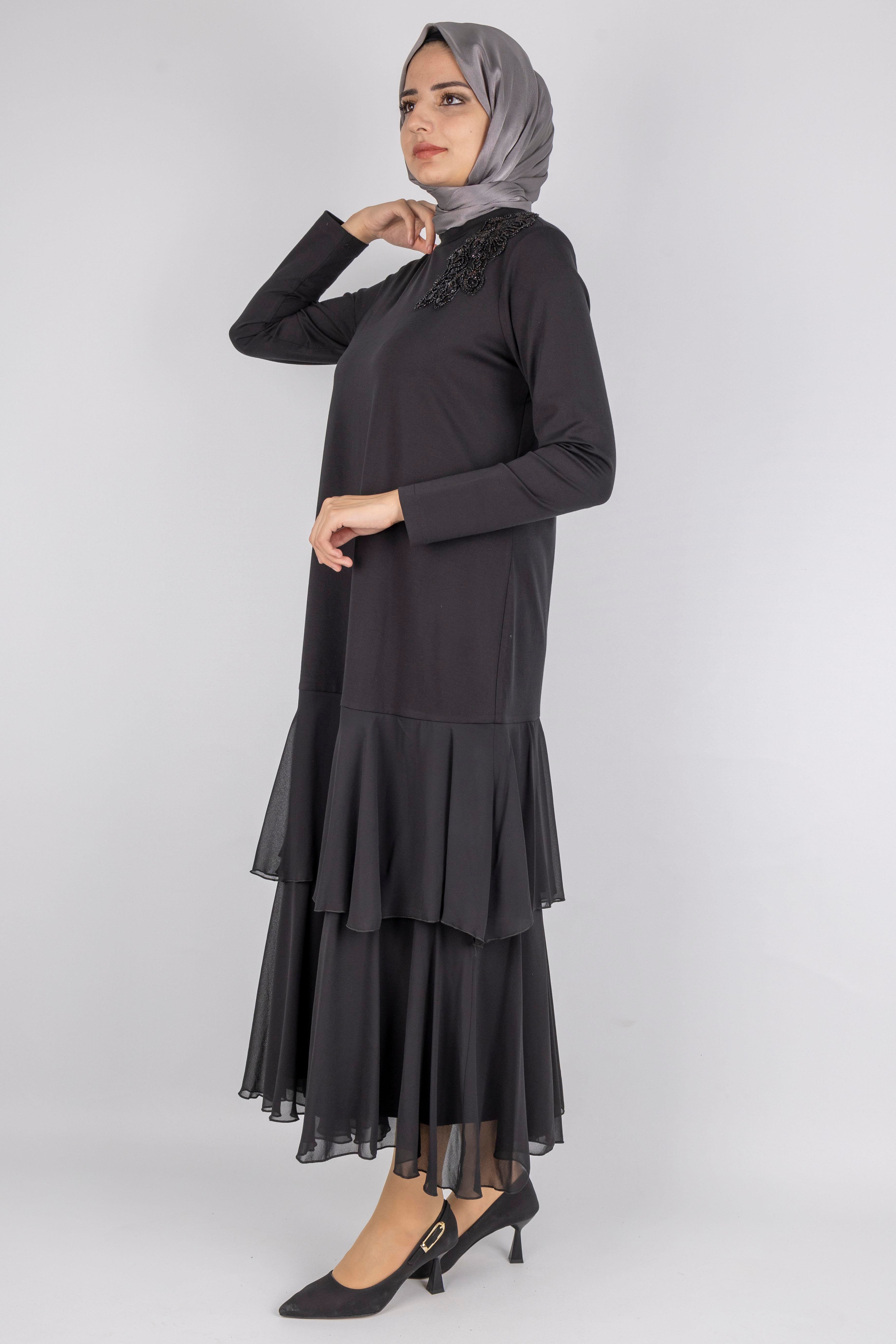 Şifon Katlı Omuz Taşlı Çelik Örme Uzun Elbise Siyah OTW25170