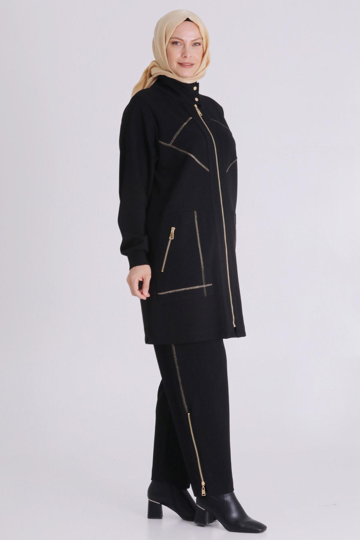 Şık Altın Dikişli Pantolonlu Büyük Beden Tesettür Takım Siyah OTW35134
