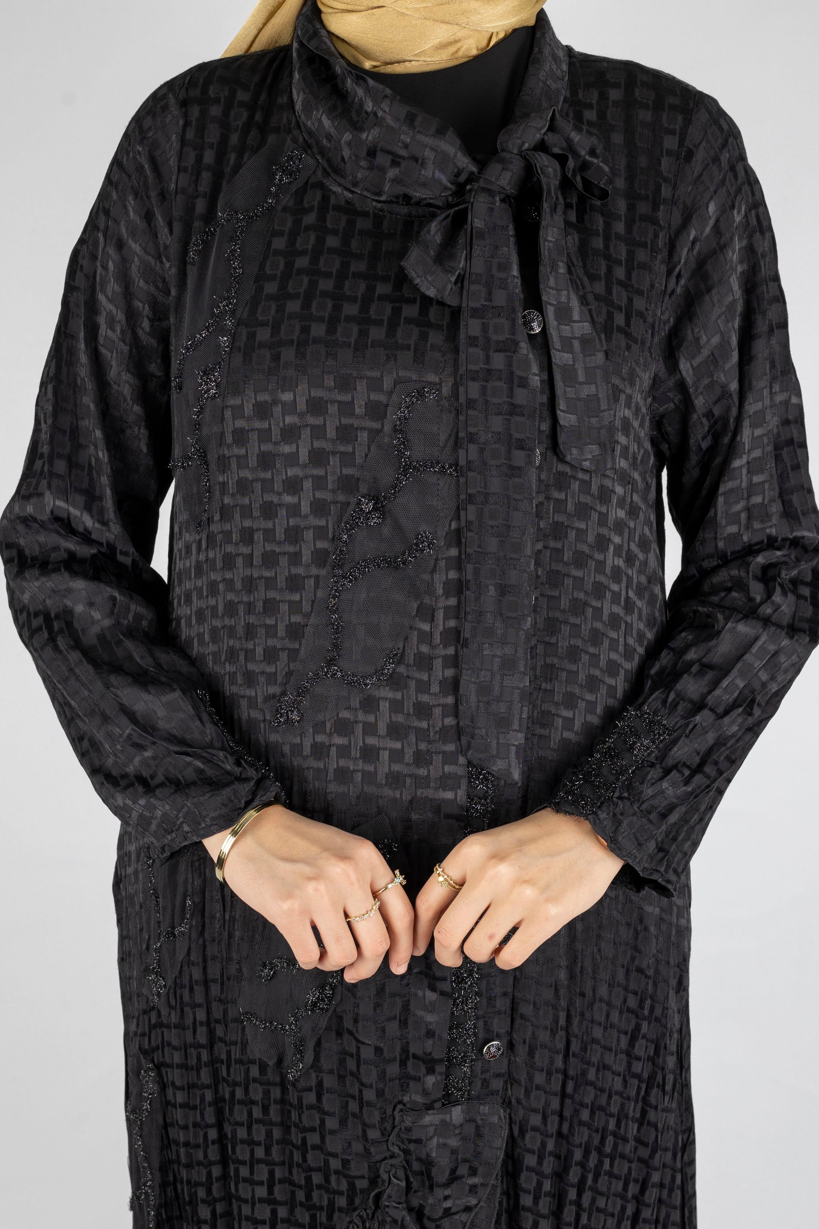 Şık Boncuk İşlemeli Viskon Cupra Elbise Siyah OTW5747