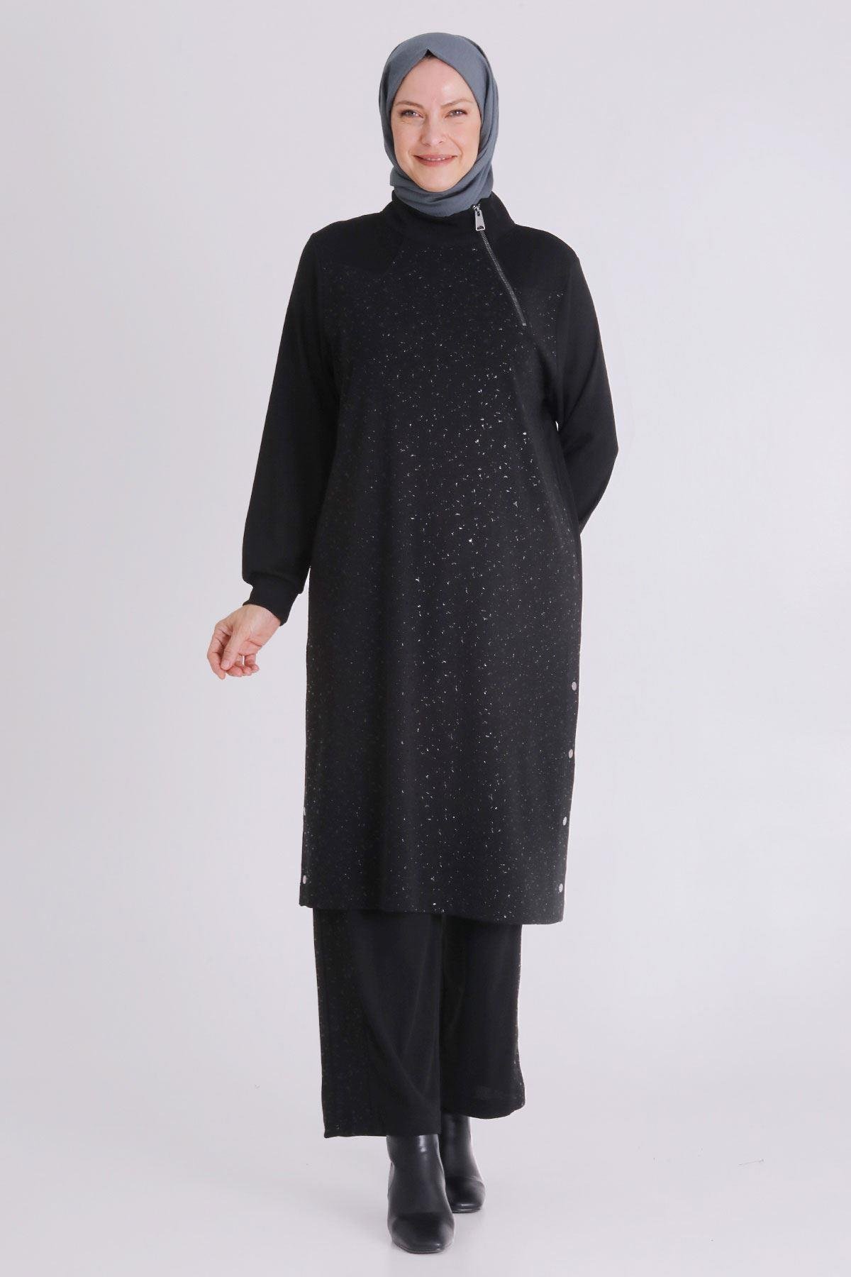 Sim Efektli Siyah Pantolonlu Büyük Beden Takım Siyah OTW35133