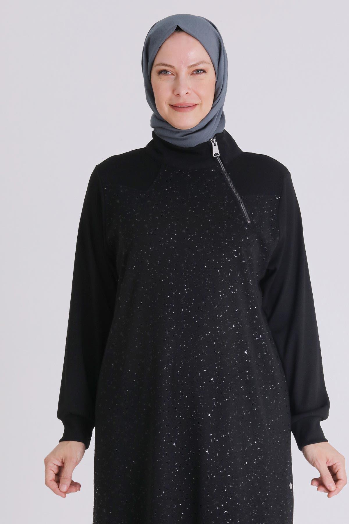 Sim Efektli Siyah Pantolonlu Büyük Beden Takım Siyah OTW35133