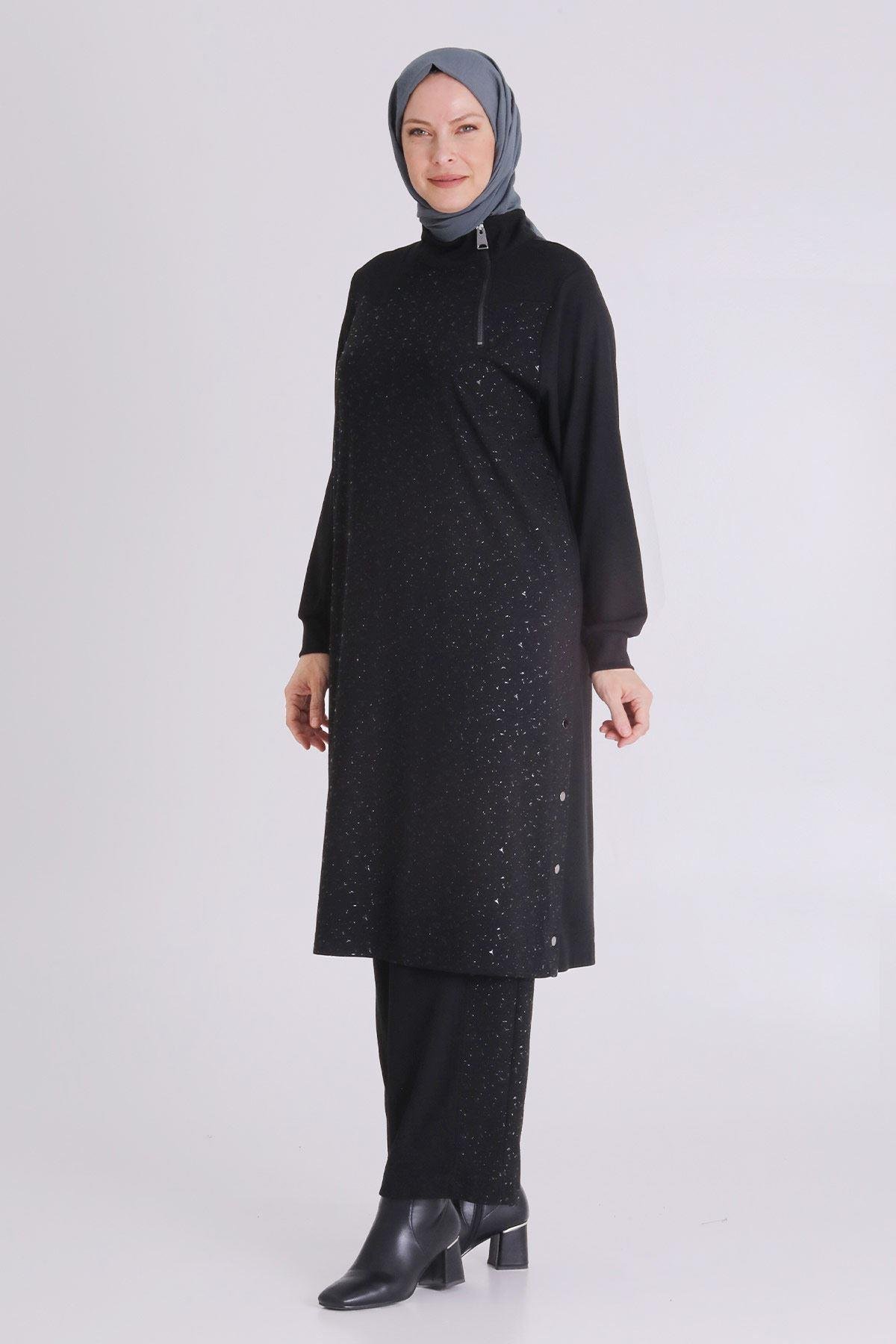 Sim Efektli Siyah Pantolonlu Büyük Beden Takım Siyah OTW35133