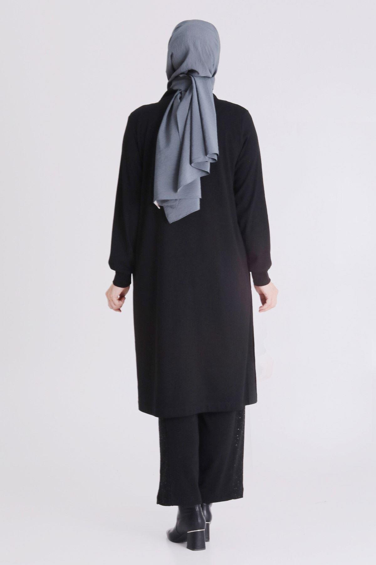 Sim Efektli Siyah Pantolonlu Büyük Beden Takım Siyah OTW35133