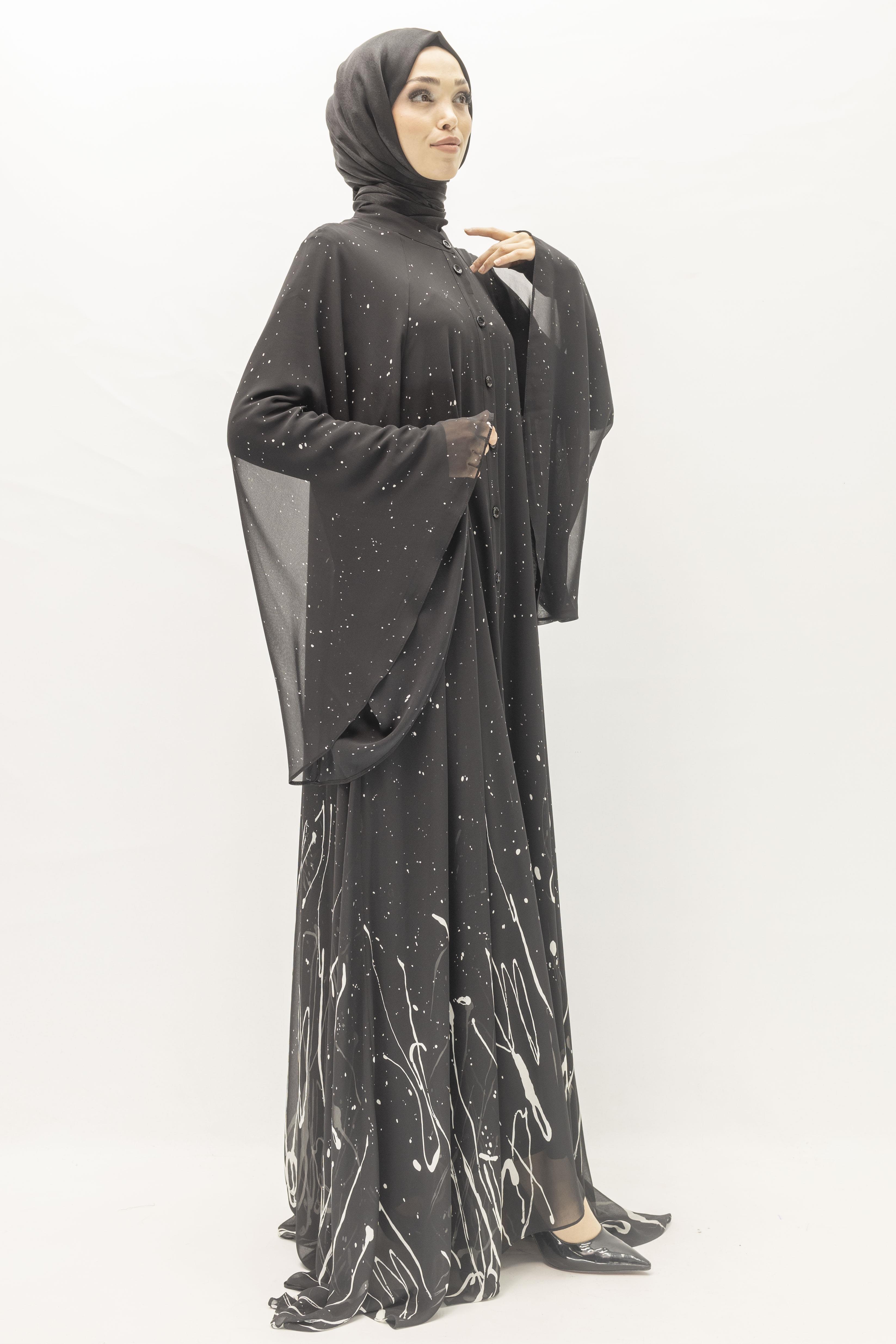 Siyah Beyaz Desenli Büyük Beden Şifon Elbise – Ottoman Wear Siyah OTW411