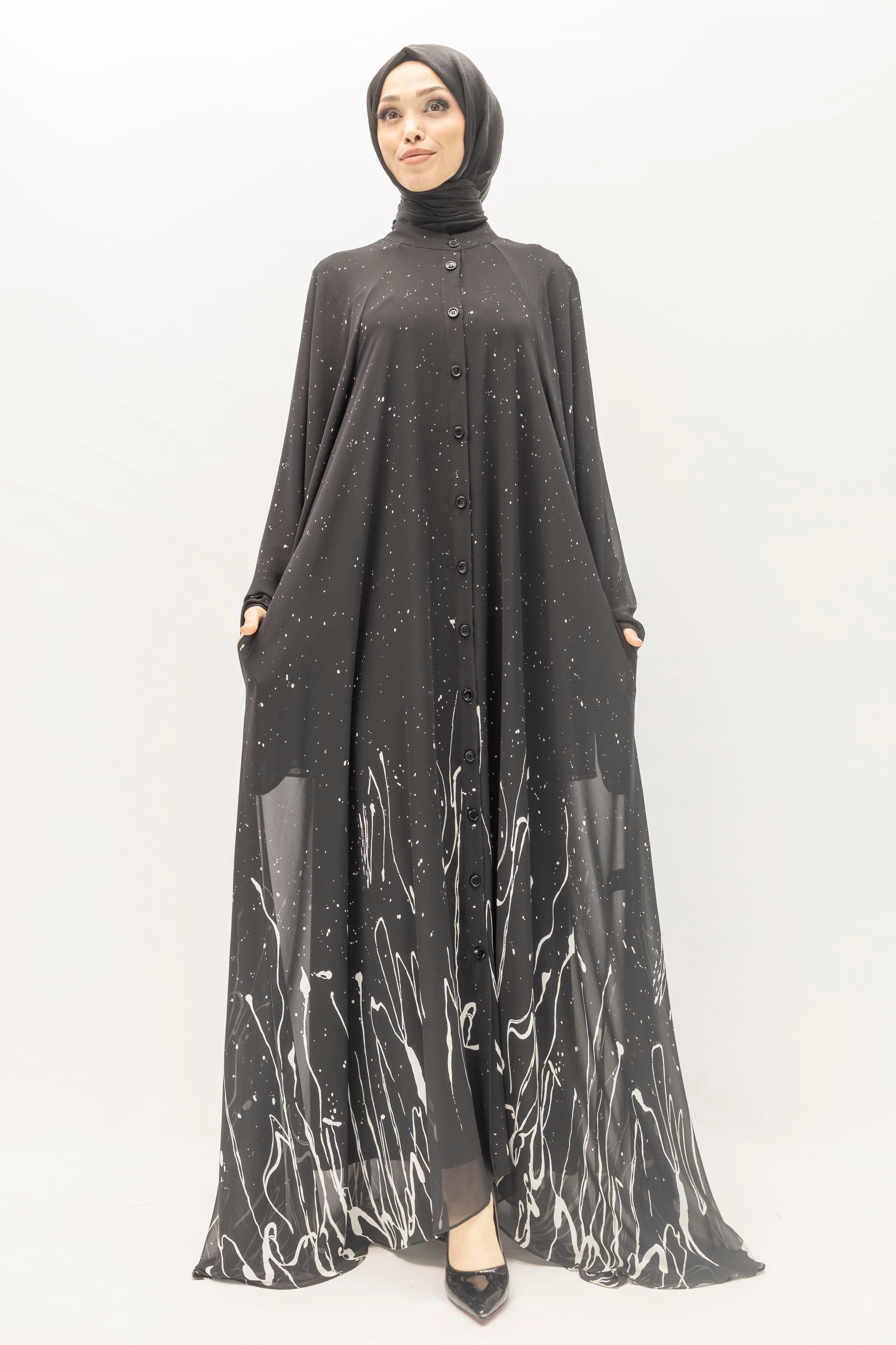 Siyah Beyaz Desenli Büyük Beden Şifon Elbise – Ottoman Wear Siyah OTW411