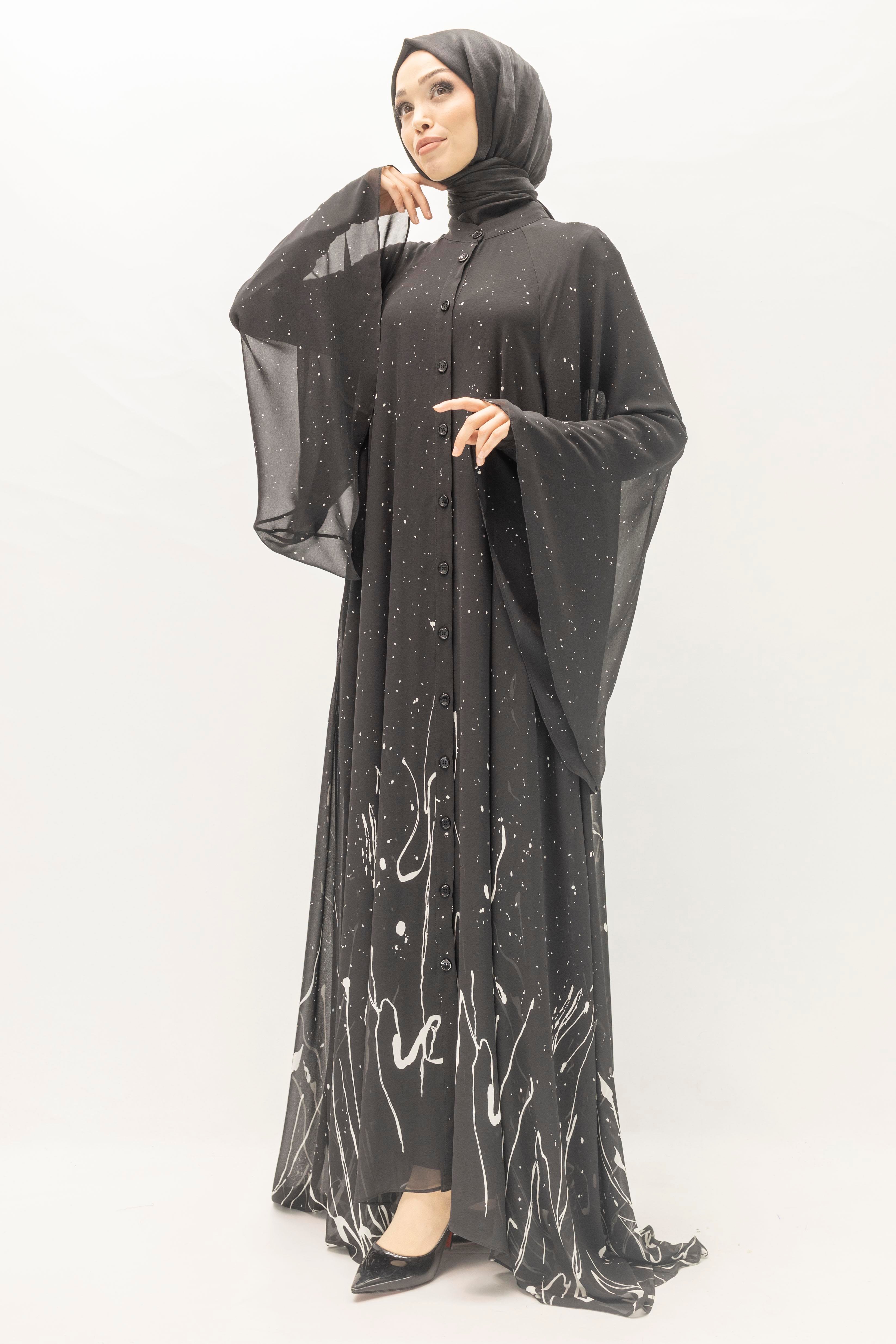 Siyah Beyaz Desenli Büyük Beden Şifon Elbise – Ottoman Wear Siyah OTW411