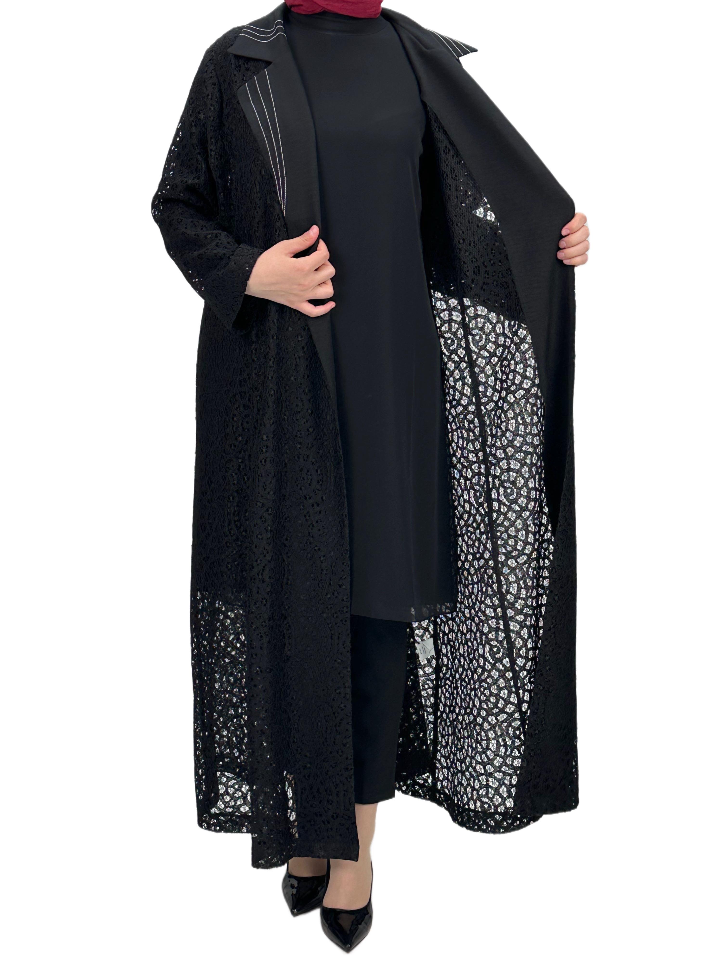 Siyah Büyük Beden Kuşaklı Dantel  Abaya Siyah OTW42926