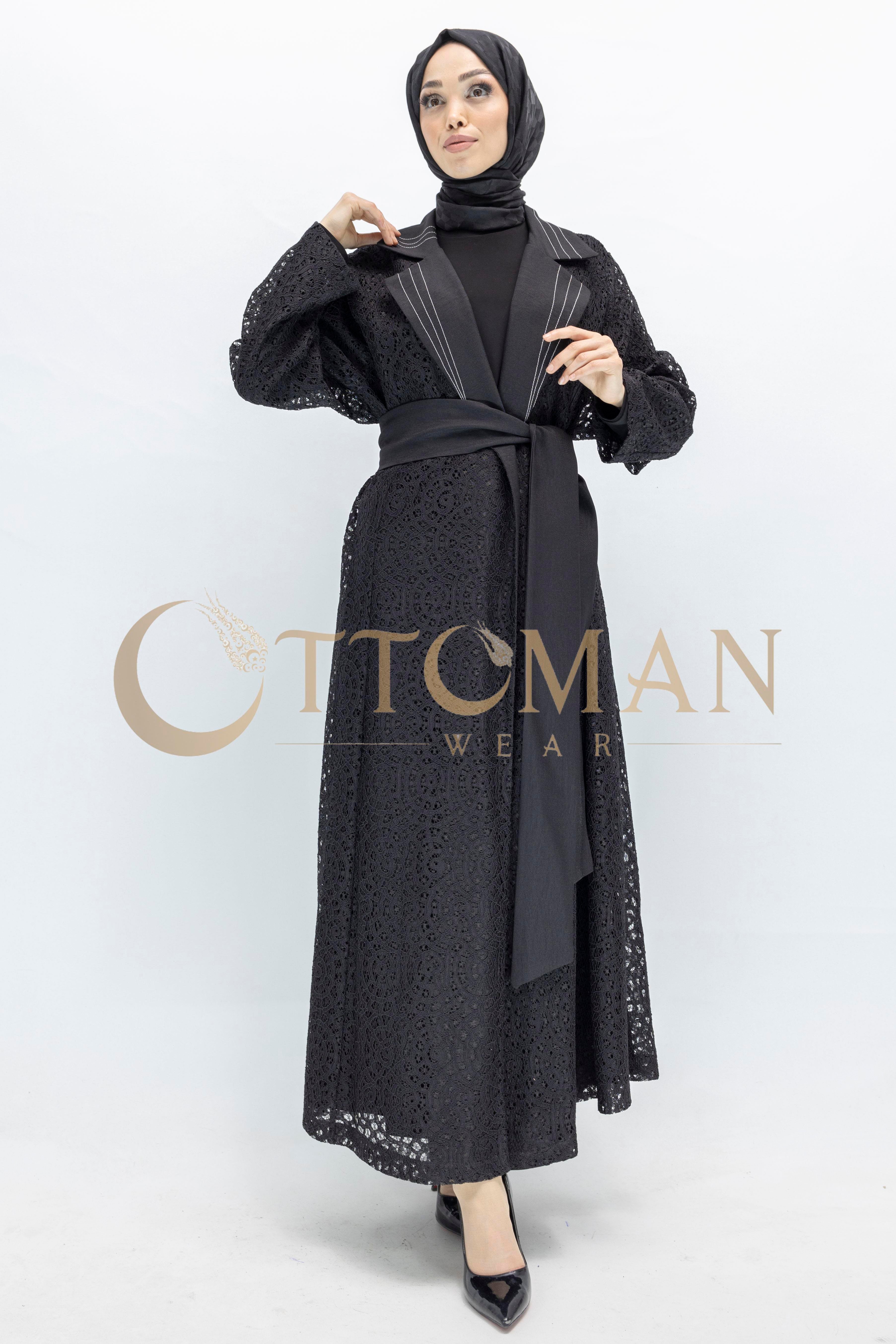 Siyah Büyük Beden Kuşaklı Dantel  Abaya Siyah OTW42926
