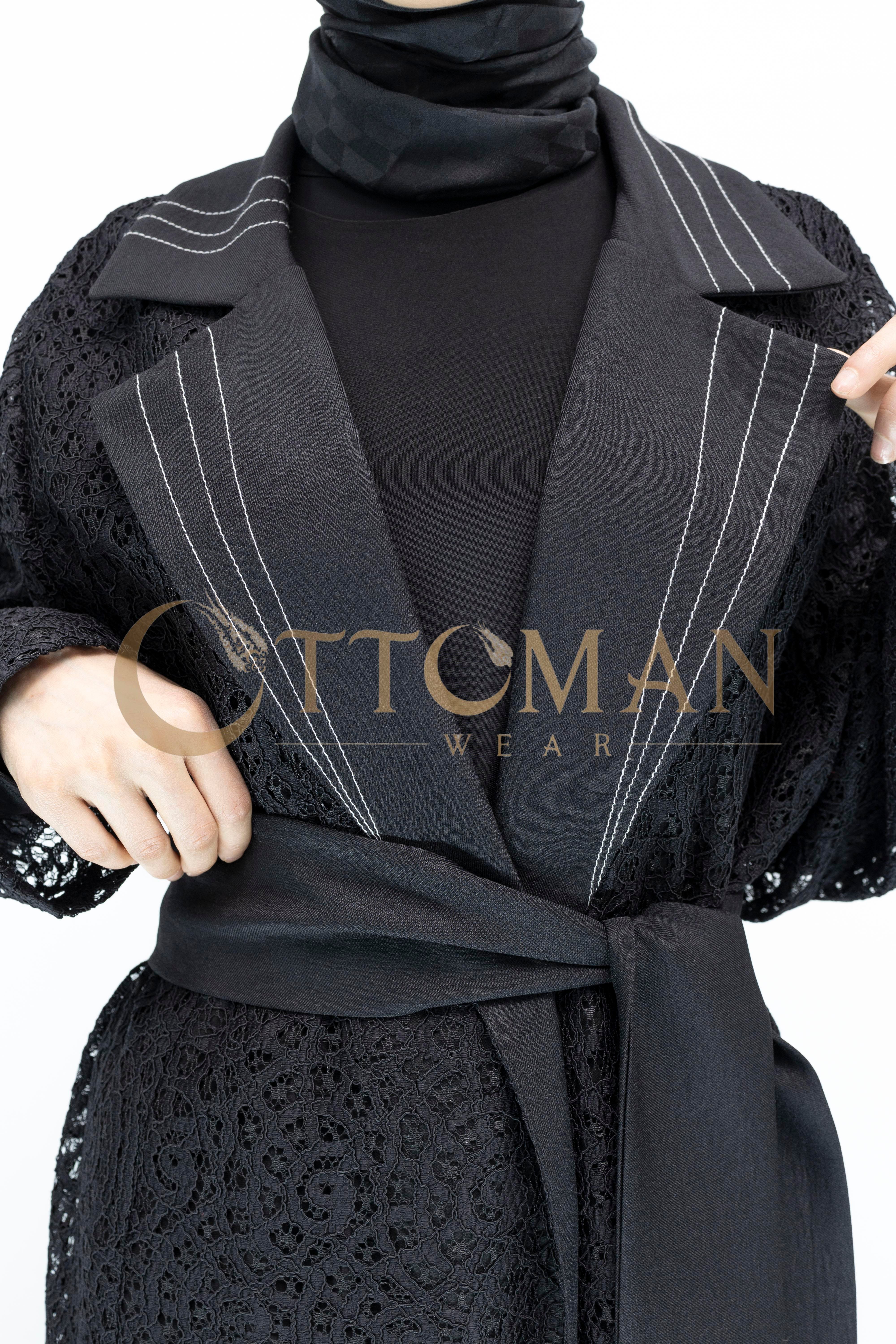 Siyah Büyük Beden Kuşaklı Dantel  Abaya Siyah OTW42926