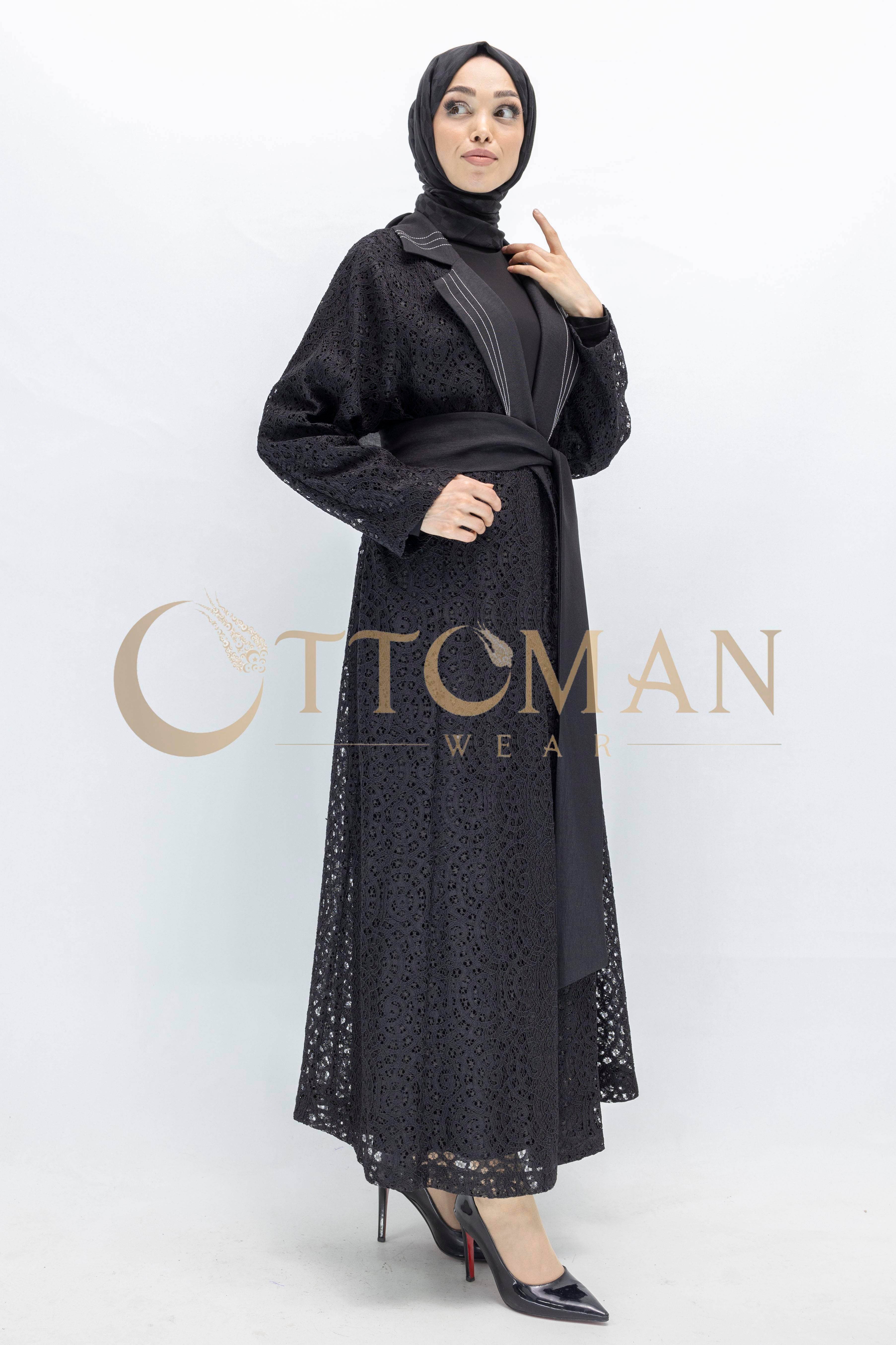 Siyah Büyük Beden Kuşaklı Dantel  Abaya Siyah OTW42926