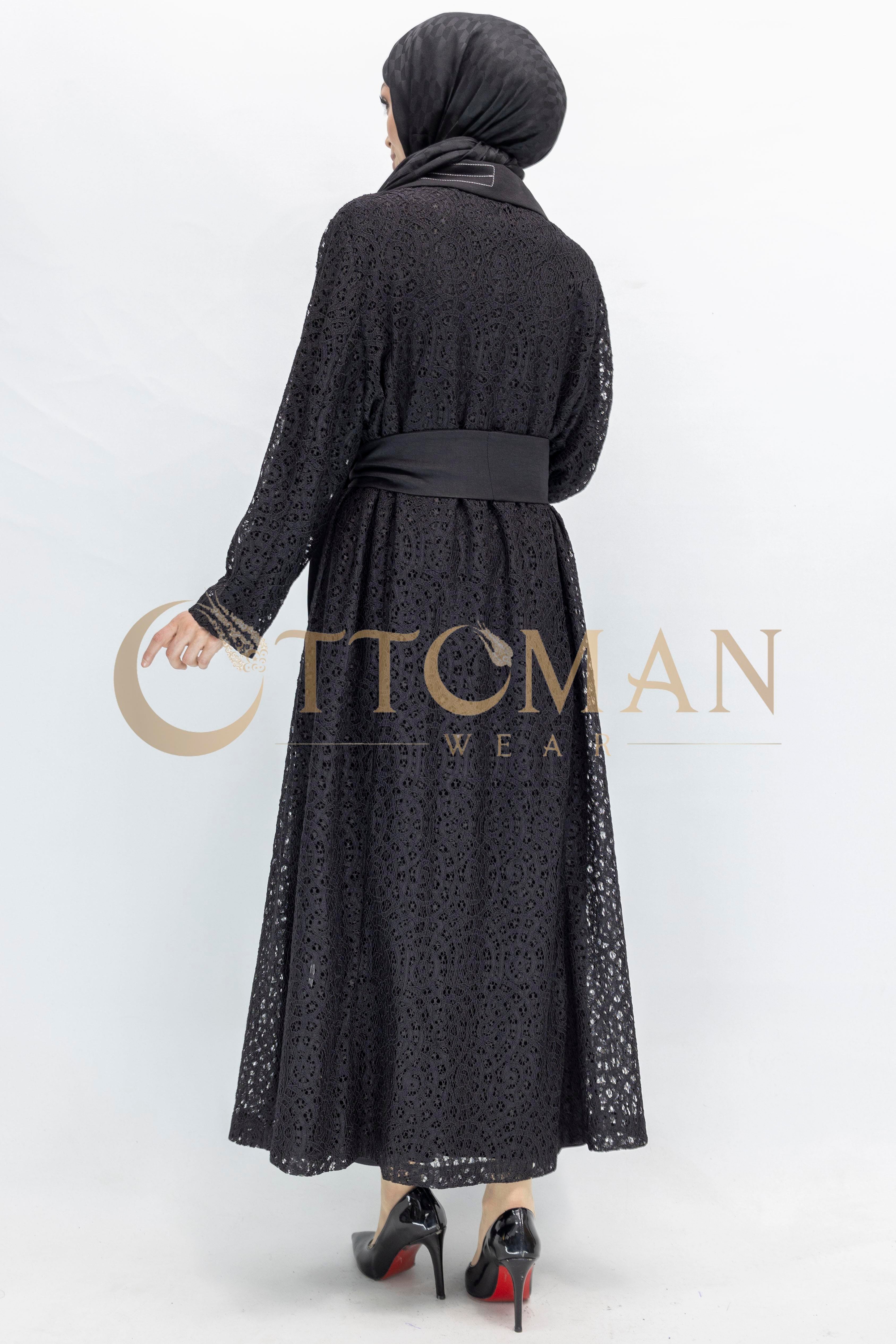 Siyah Büyük Beden Kuşaklı Dantel  Abaya Siyah OTW42926