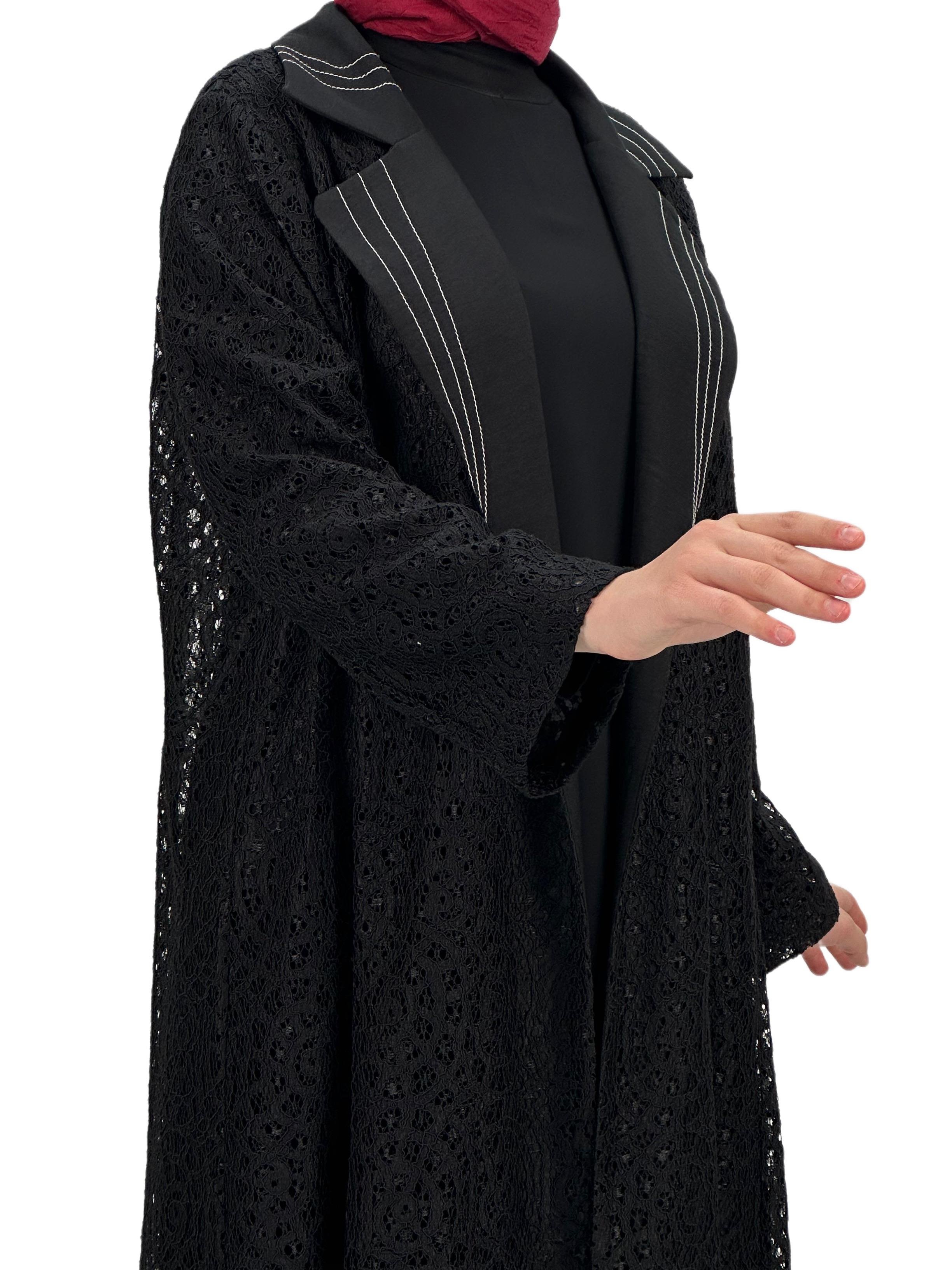 Siyah Büyük Beden Kuşaklı Dantel  Abaya Siyah OTW42926