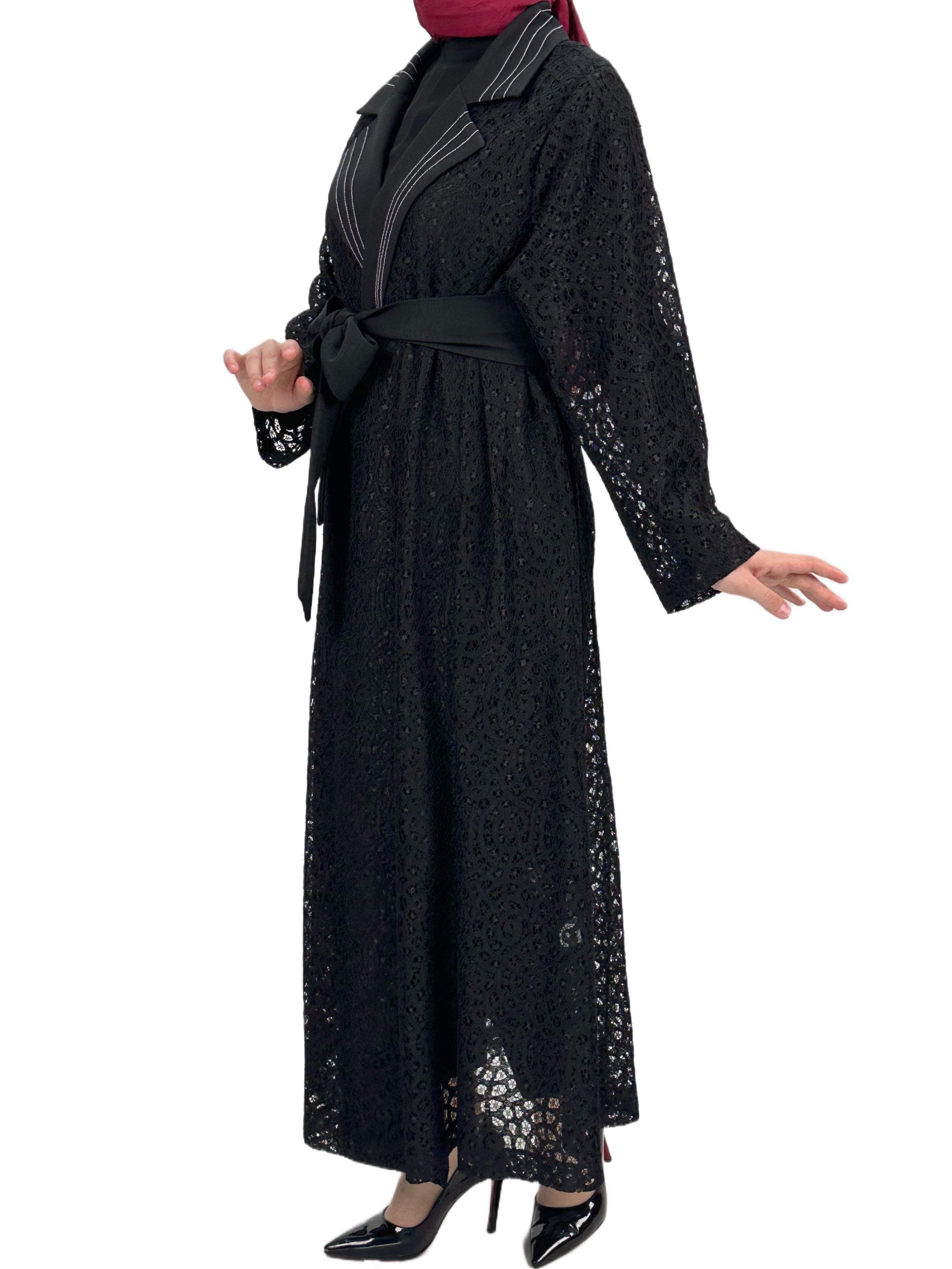 Siyah Büyük Beden Kuşaklı Dantel  Abaya Siyah OTW42926