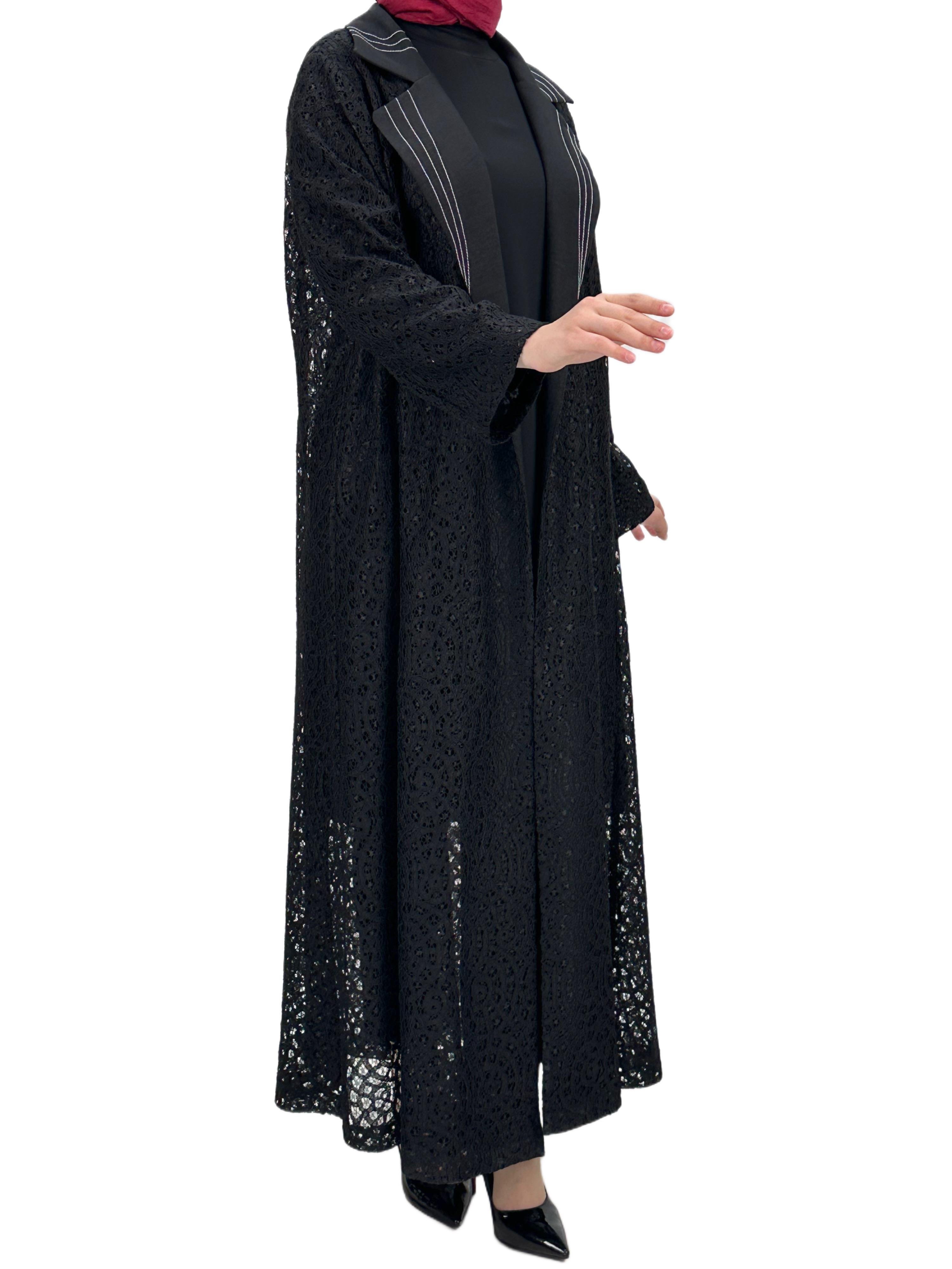 Siyah Büyük Beden Kuşaklı Dantel  Abaya Siyah OTW42926