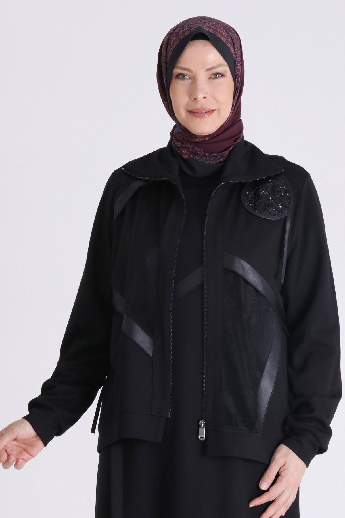 Siyah Deri Şerit ve Pul Detaylı Tesettür İkili Takım Siyah OTW40013