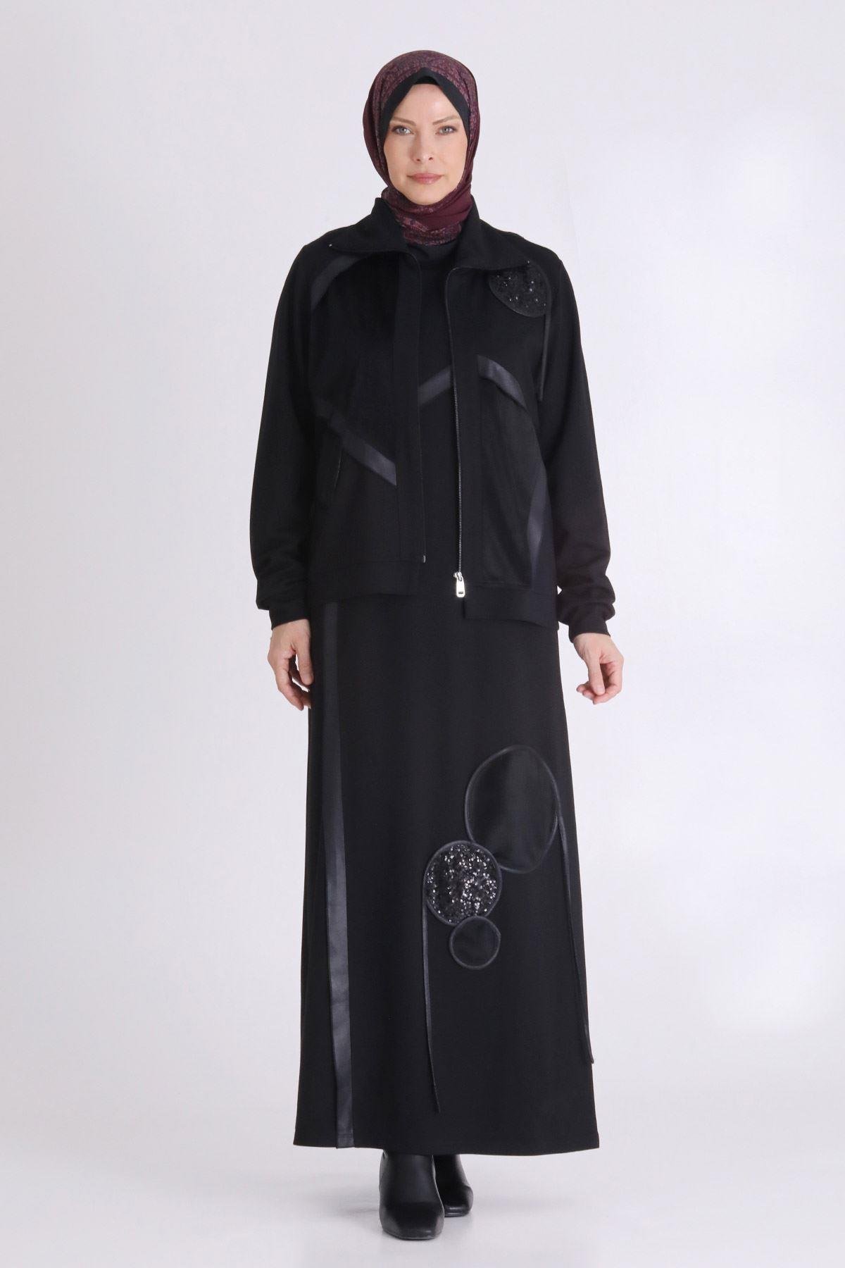 Siyah Deri Şerit ve Pul Detaylı Tesettür İkili Takım Siyah OTW40013