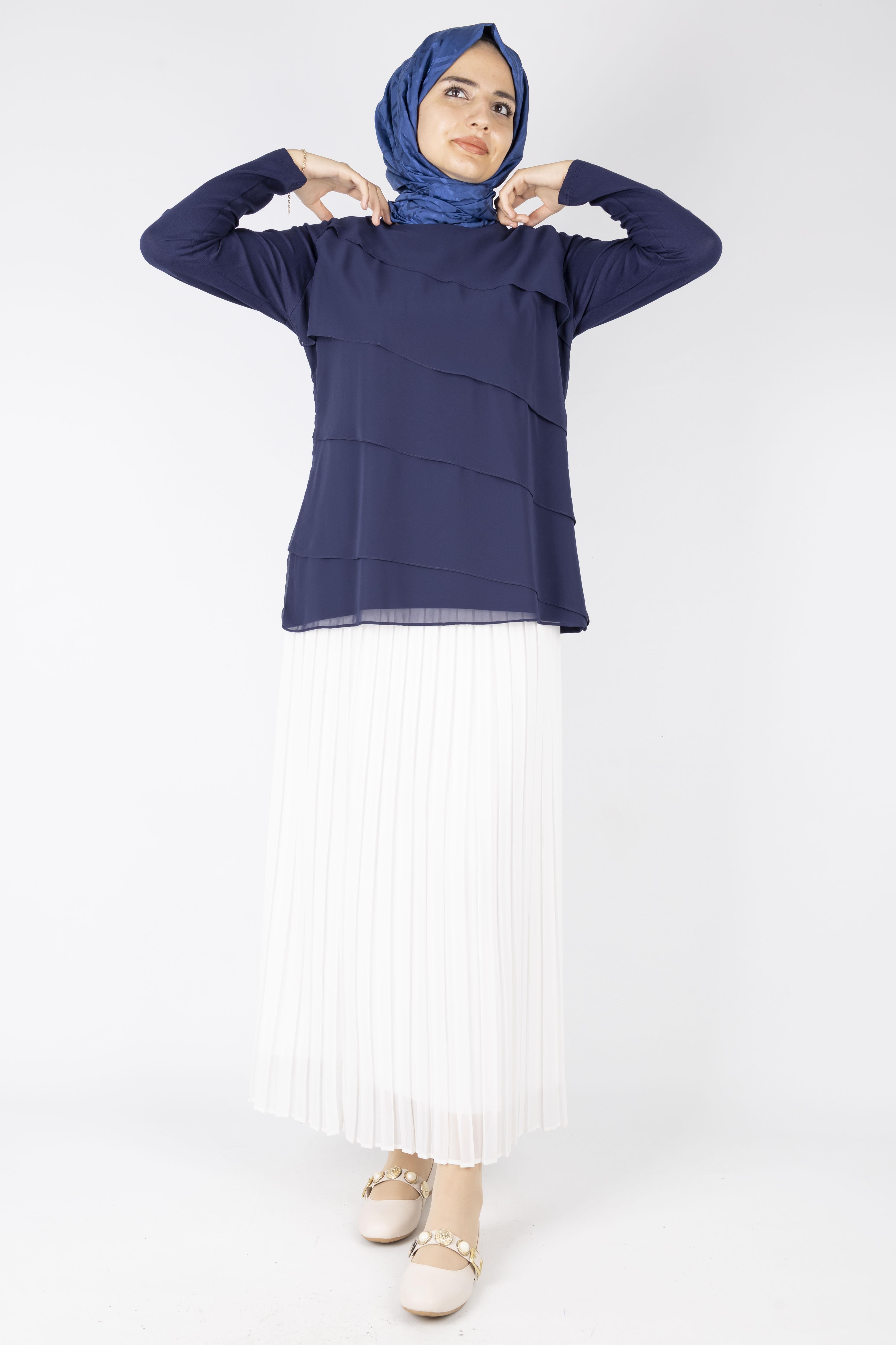 Siyah Kat Kat Şifon Tunik Lacivert OTW573