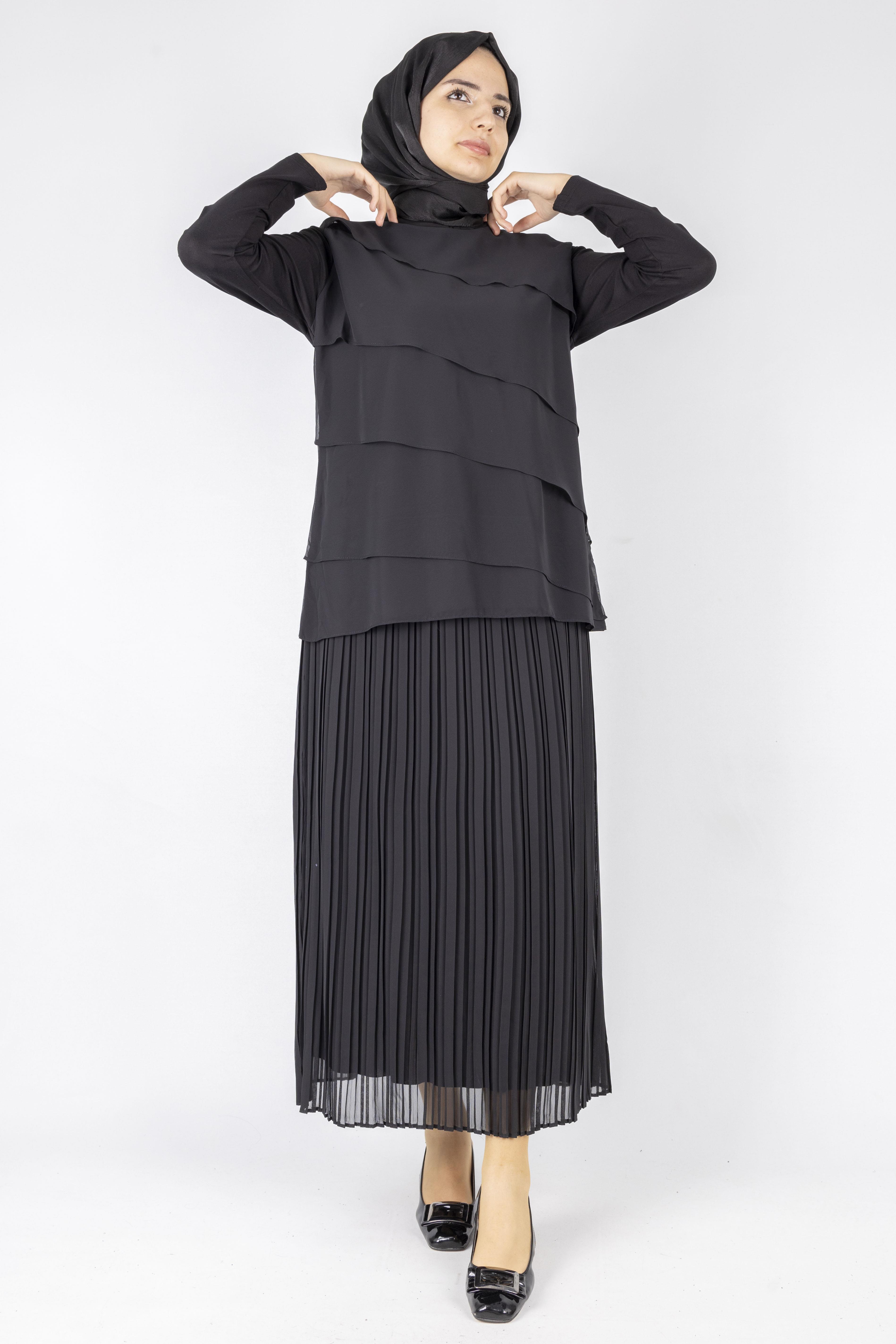 Siyah Kat Kat Şifon Tunik Siyah OTW573