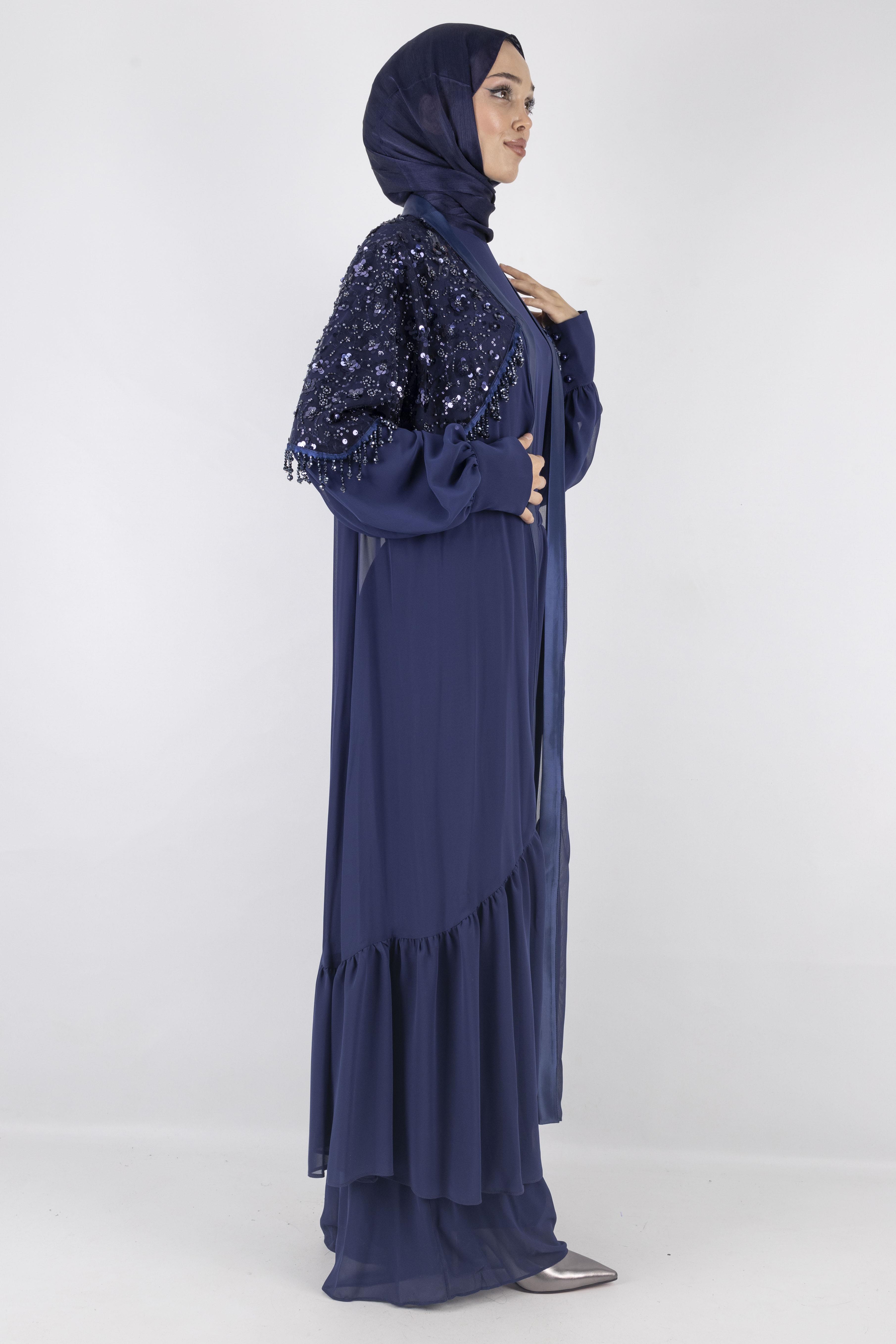 Siyah Payet Detaylı Şifon Abiye Üçlü Takım Lacivert OTW42904