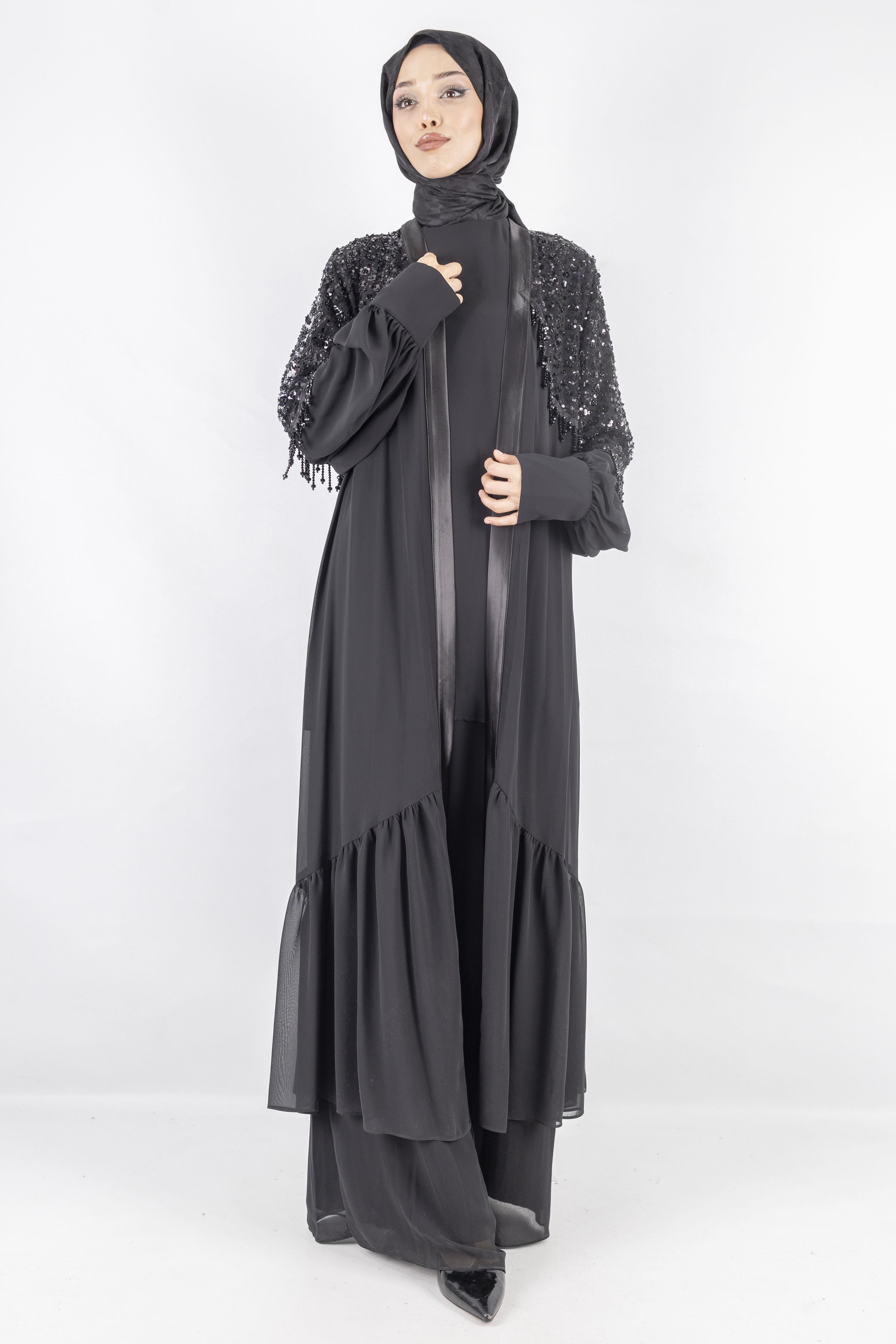 Siyah Payet Detaylı Şifon Abiye Üçlü Takım Siyah OTW42904