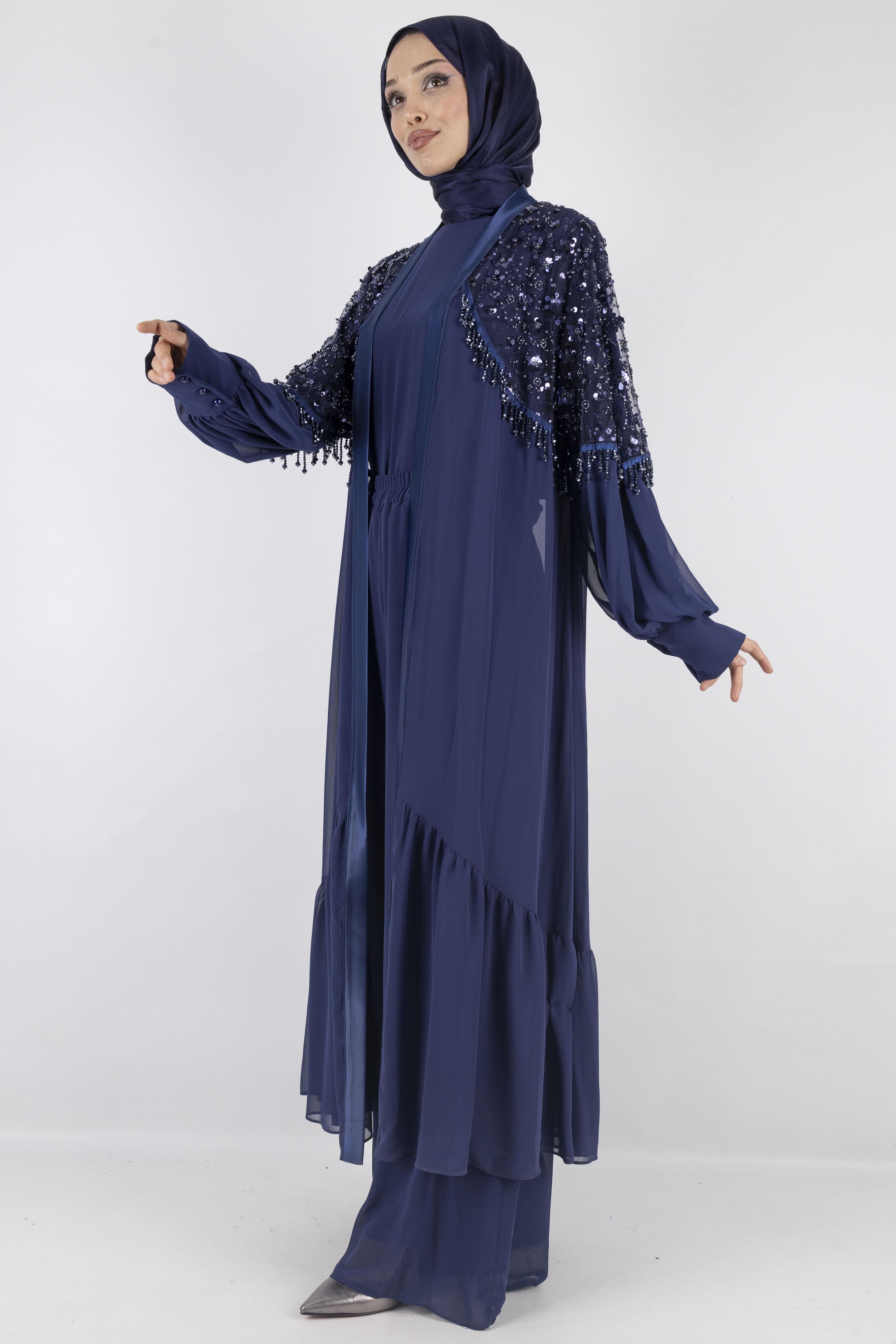 Siyah Payet Detaylı Şifon Abiye Üçlü Takım Lacivert OTW42904