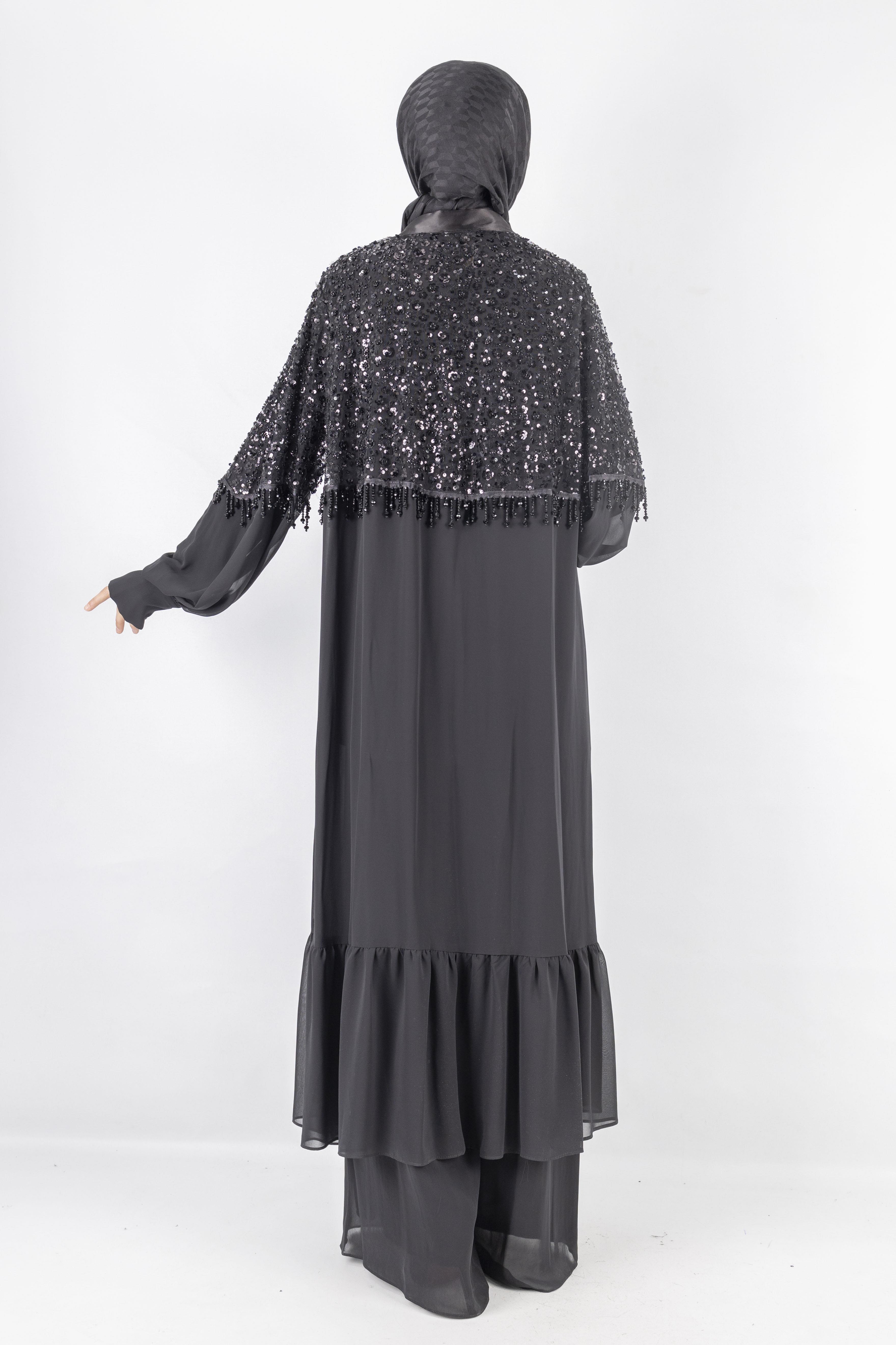 Siyah Payet Detaylı Şifon Abiye Üçlü Takım Siyah OTW42904