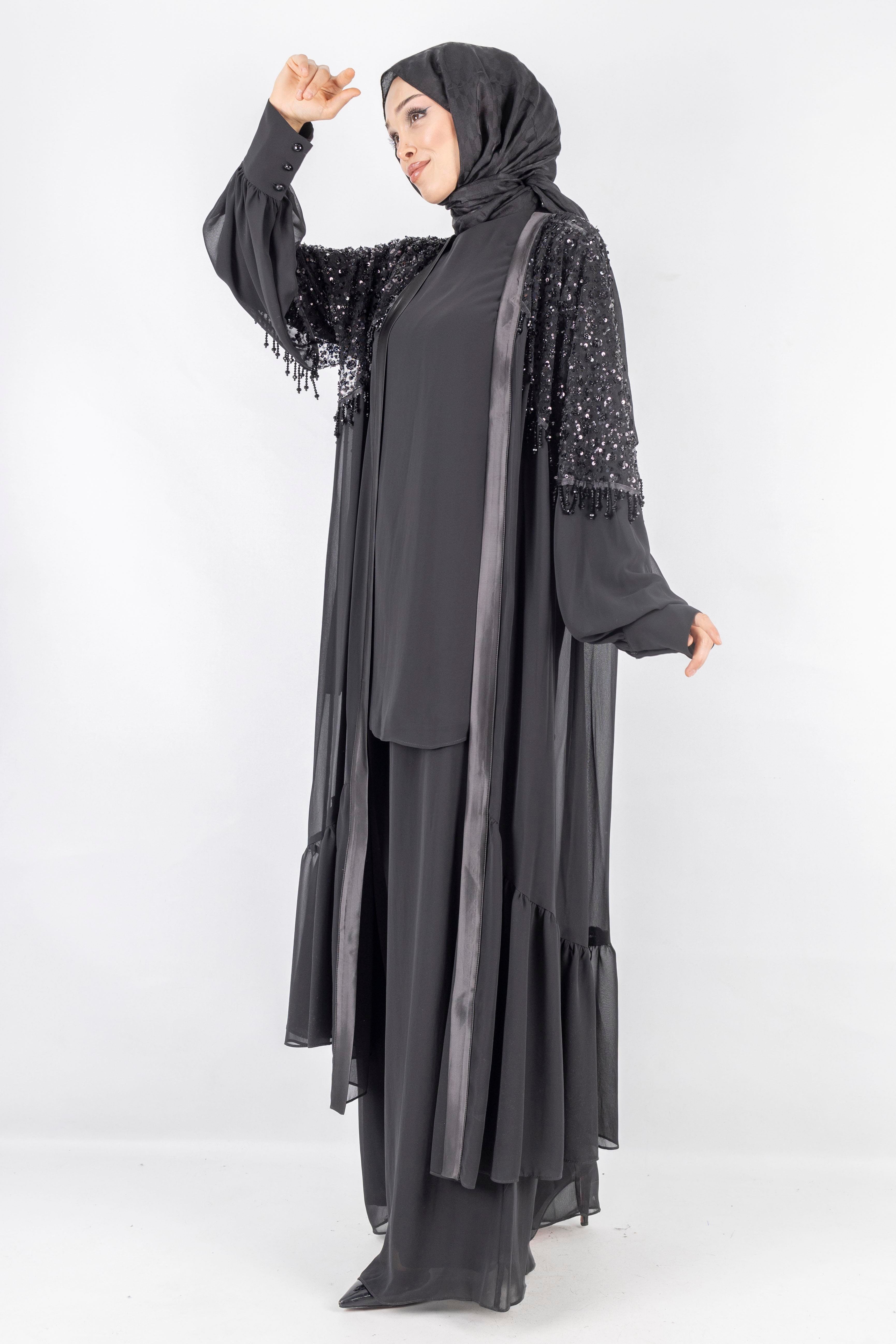 Siyah Payet Detaylı Şifon Abiye Üçlü Takım Siyah OTW42904