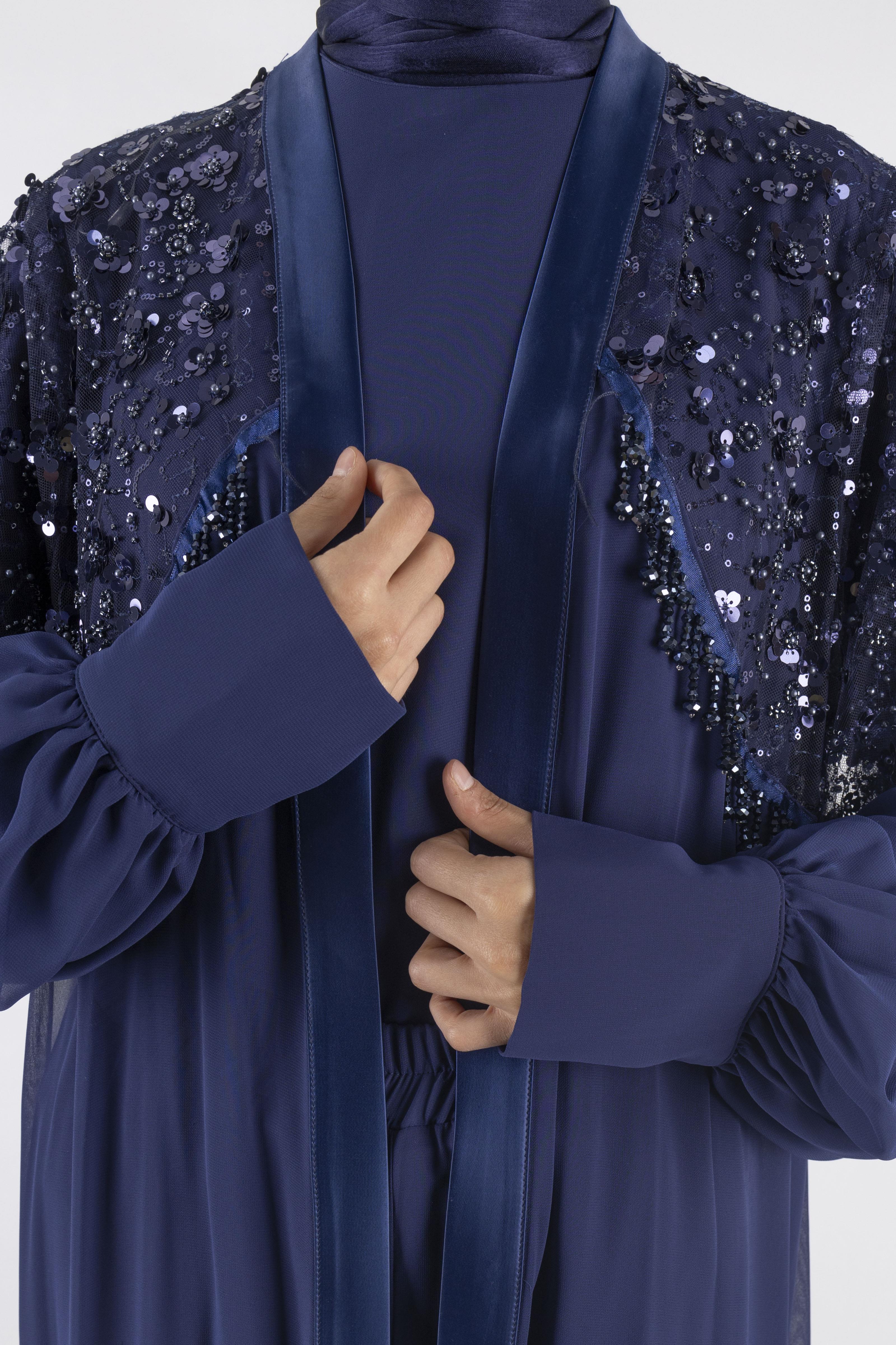 Siyah Payet Detaylı Şifon Abiye Üçlü Takım Lacivert OTW42904