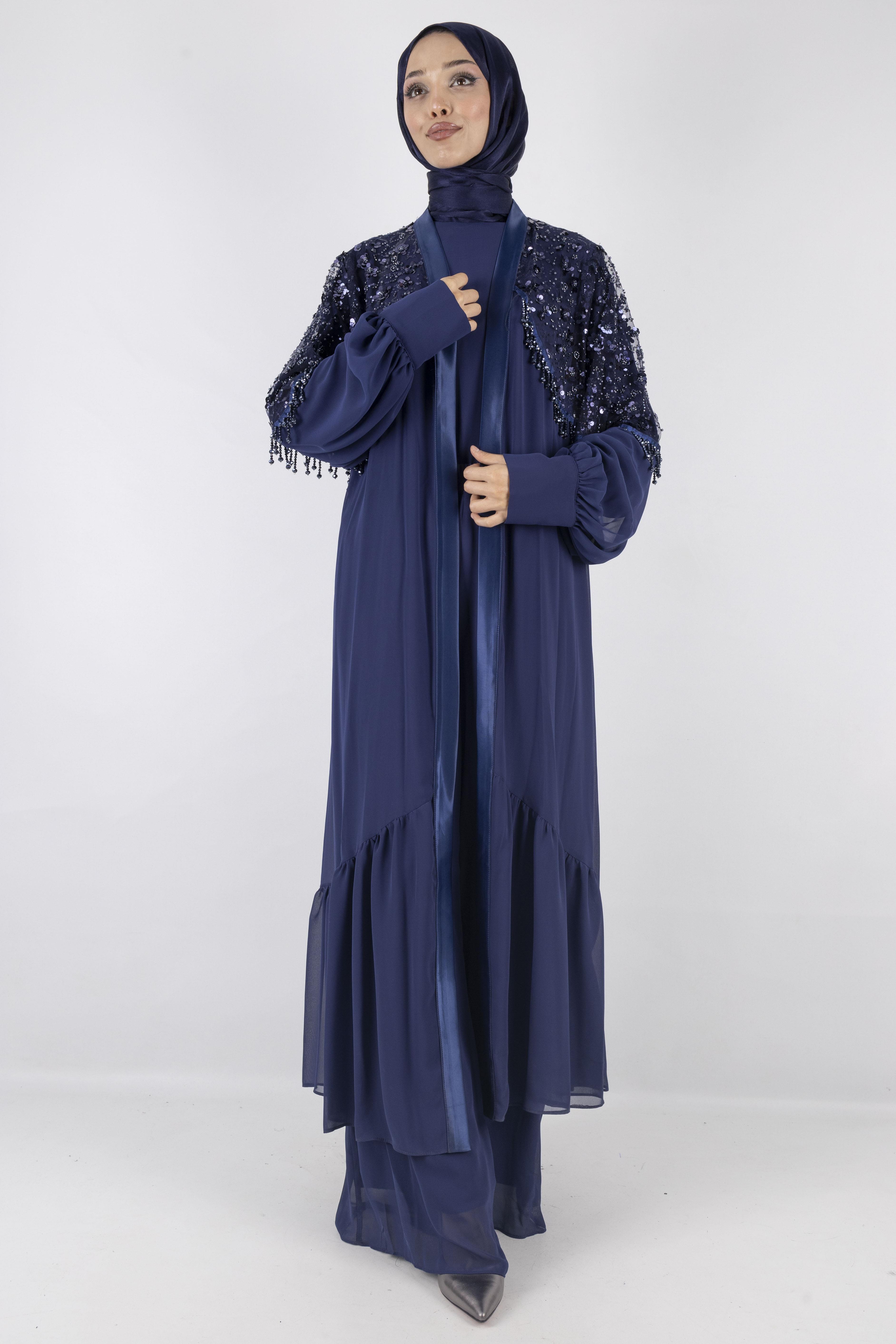 Siyah Payet Detaylı Şifon Abiye Üçlü Takım Lacivert OTW42904