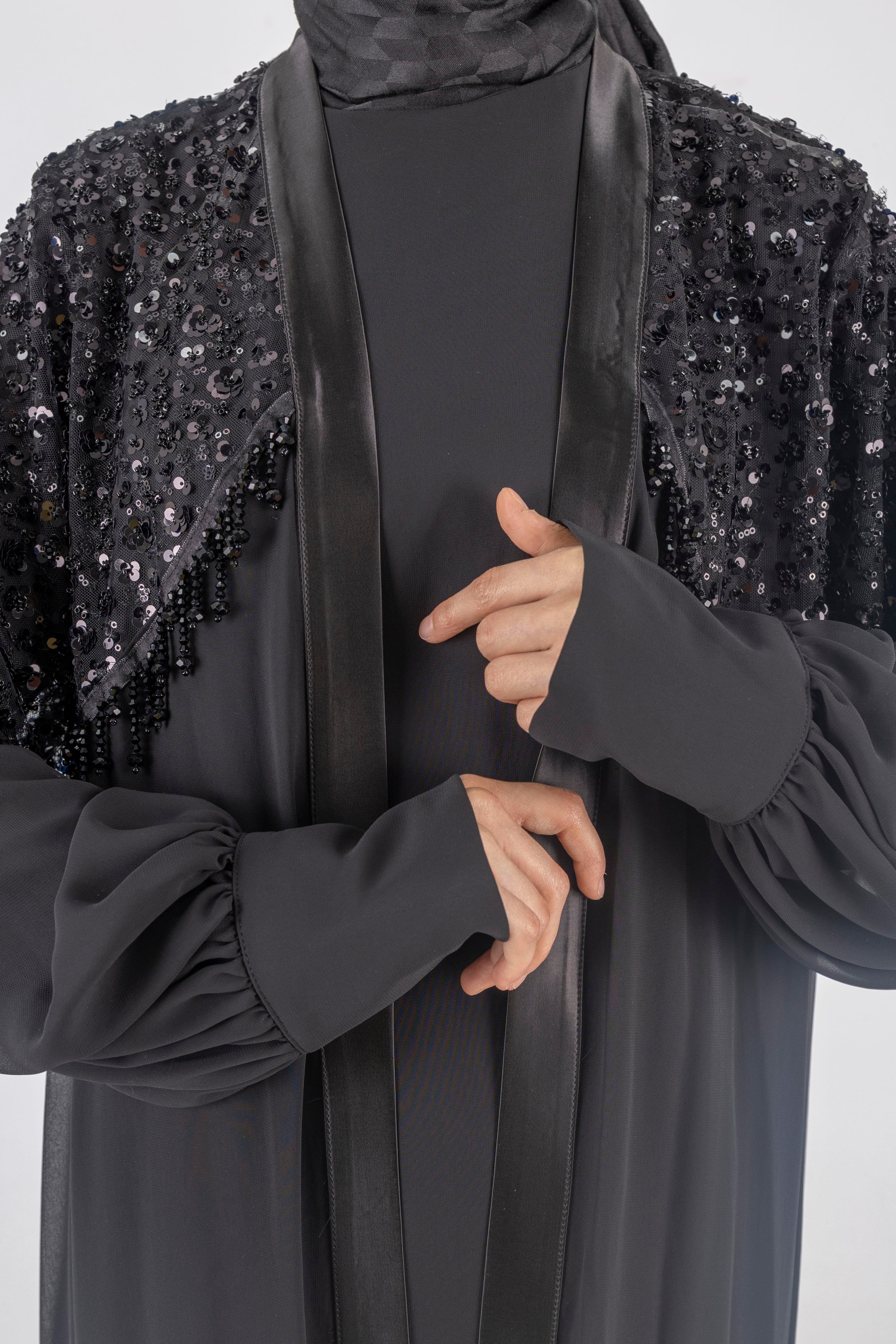 Siyah Payet Detaylı Şifon Abiye Üçlü Takım Siyah OTW42904