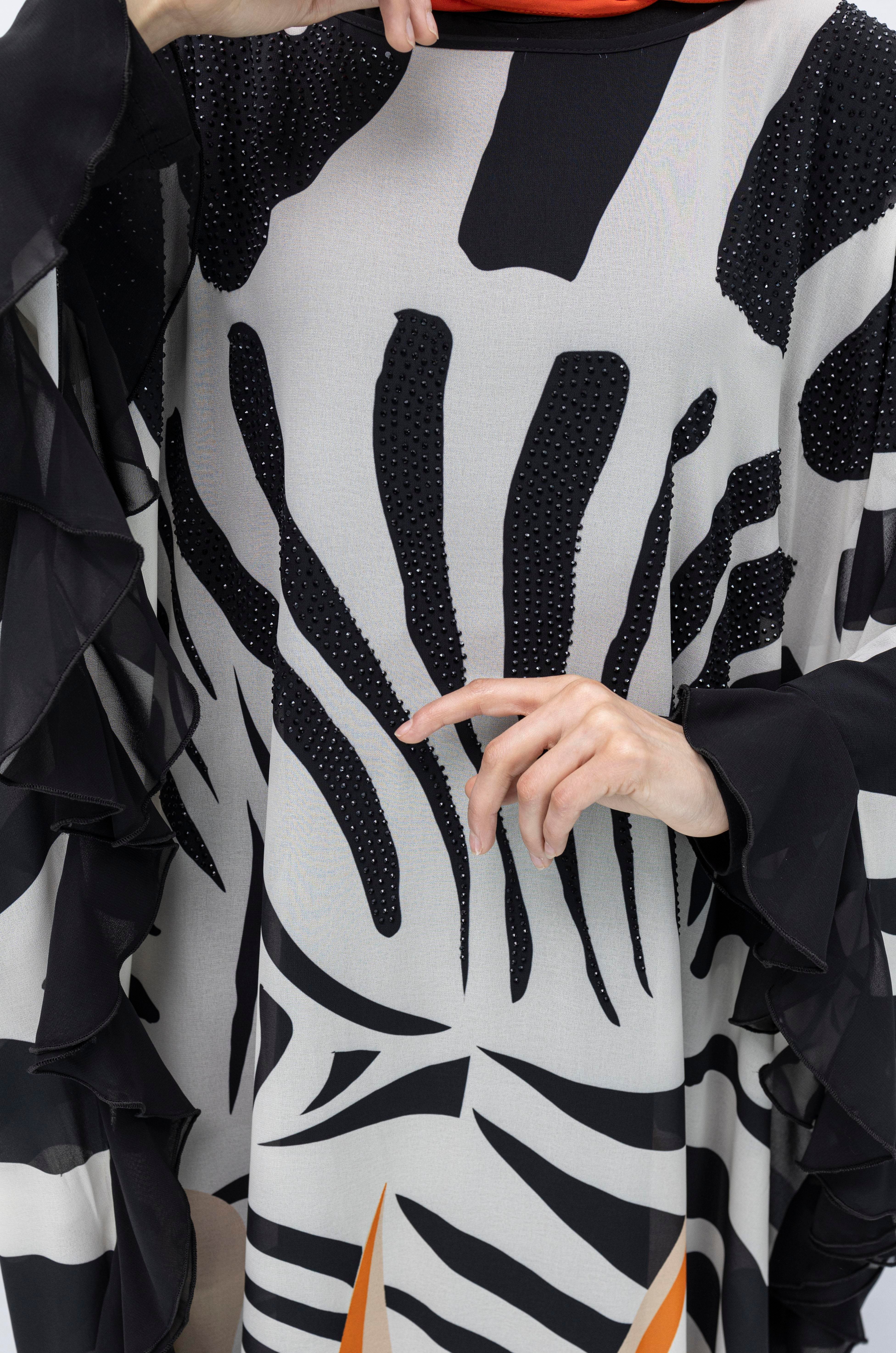 Taş Detaylı Büyük Beden Şifon Yarasa Elbise Oranj OTW158