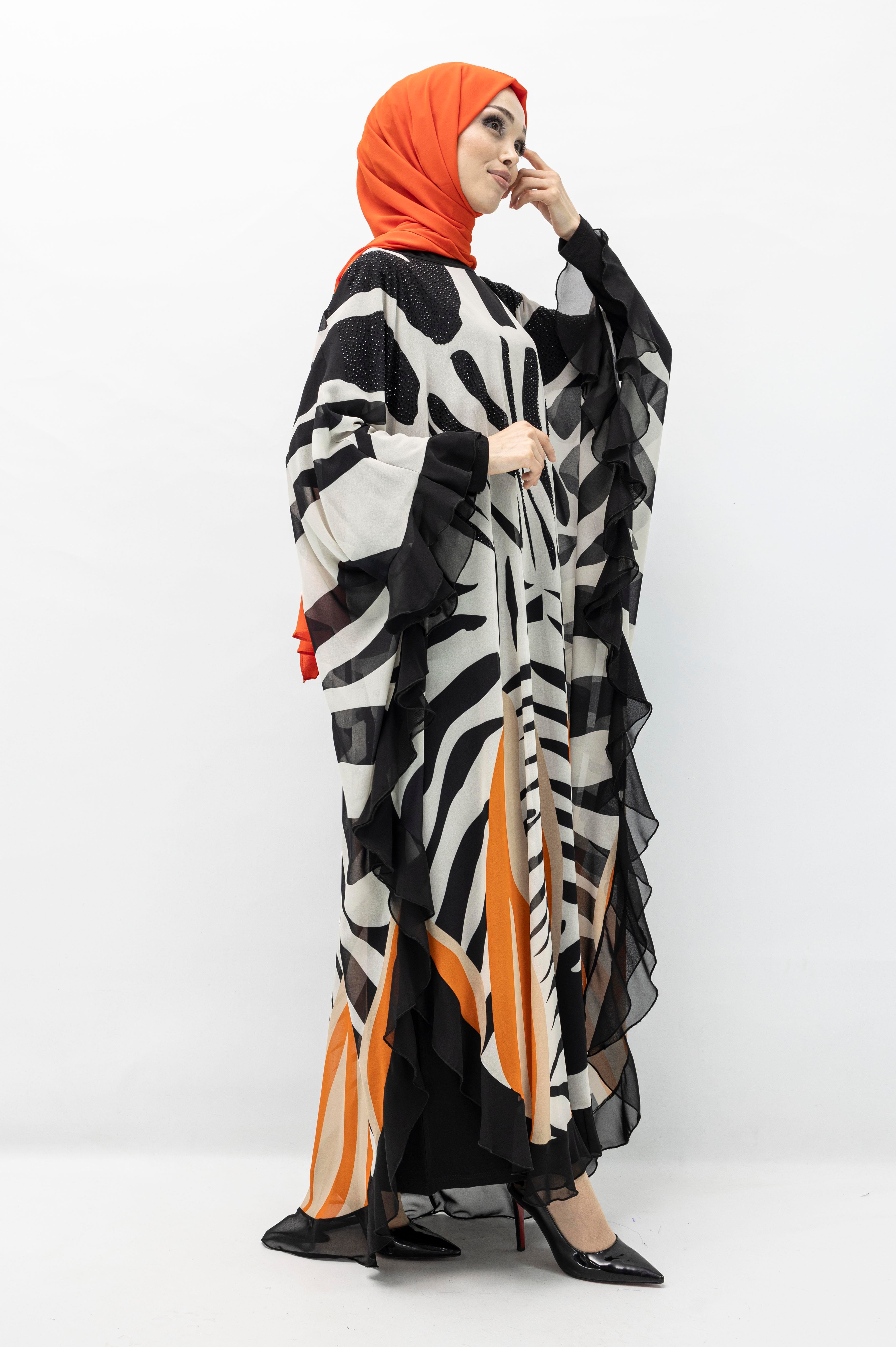 Taş Detaylı Büyük Beden Şifon Yarasa Elbise Oranj OTW158