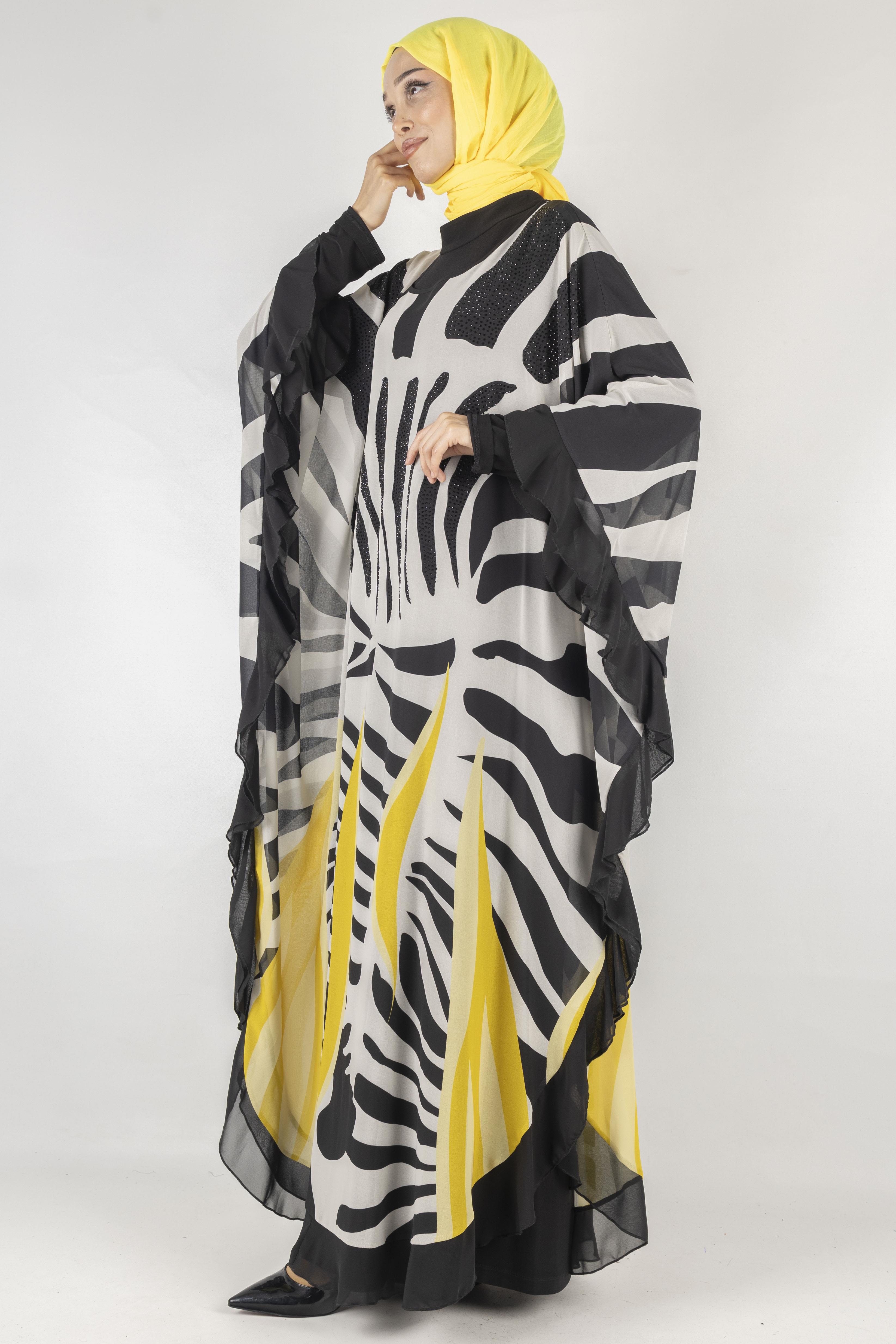 Taş Detaylı Büyük Beden Şifon Yarasa Elbise Sarı OTW158