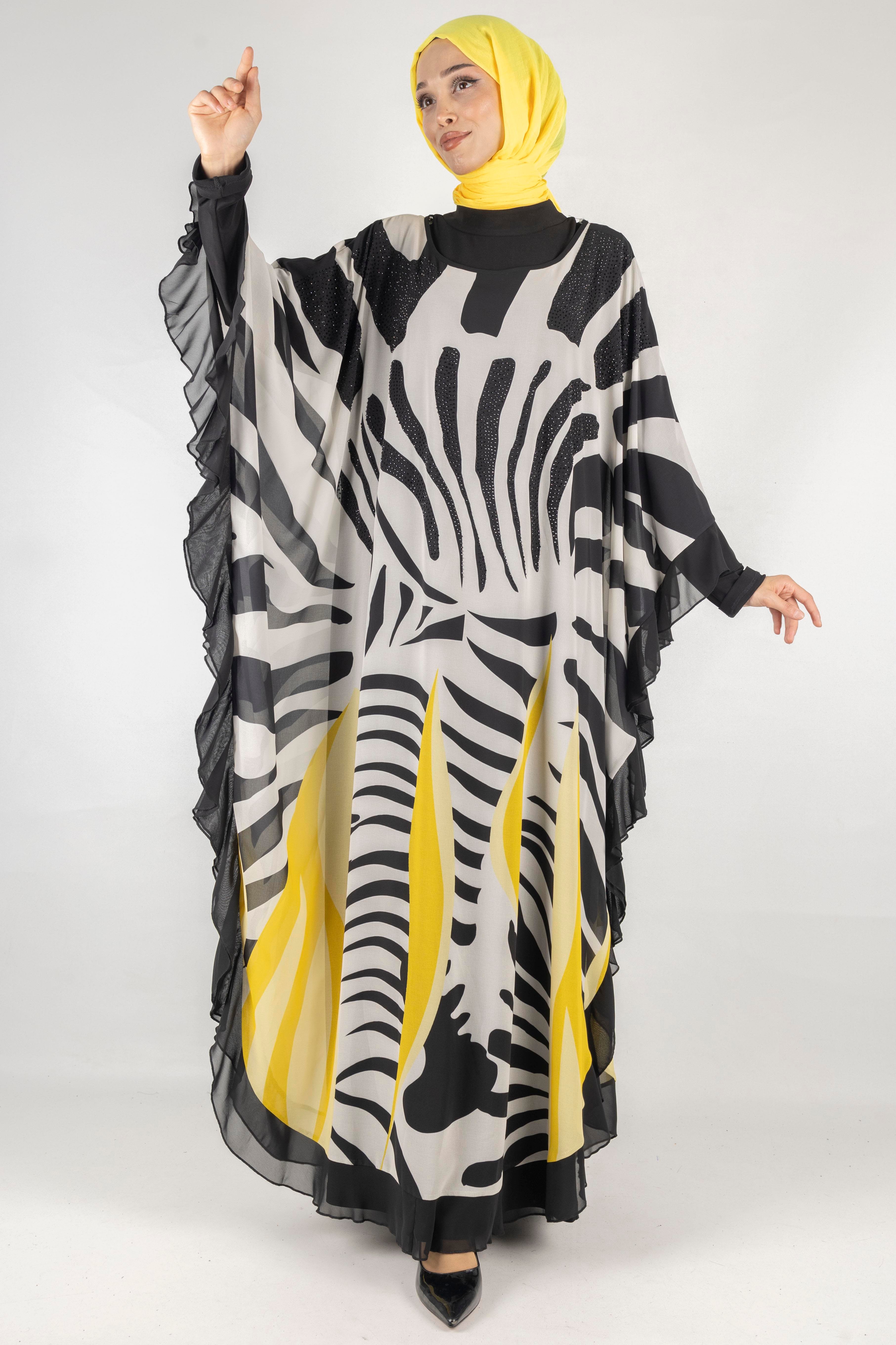 Taş Detaylı Büyük Beden Şifon Yarasa Elbise Sarı OTW158