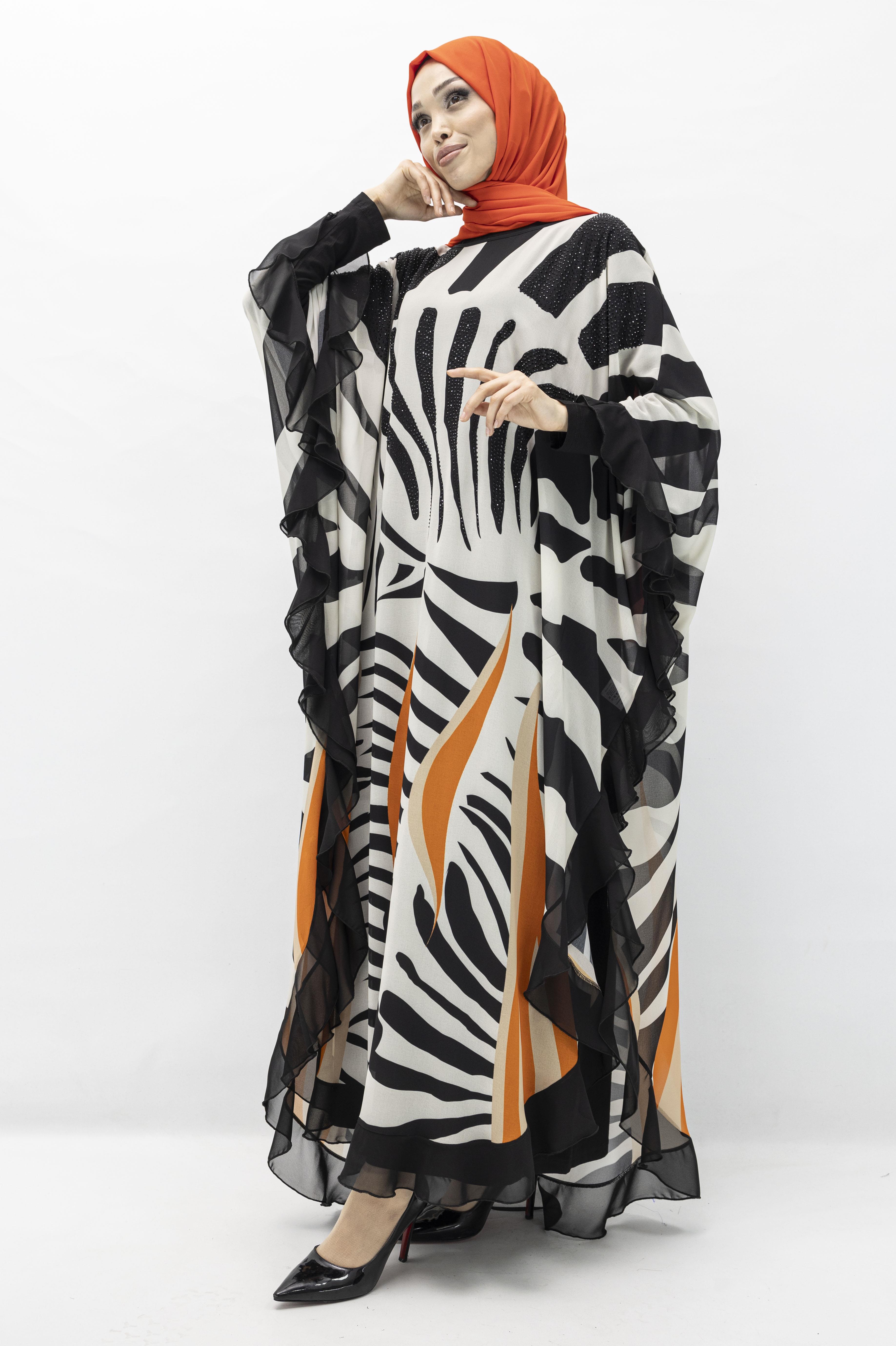 Taş Detaylı Büyük Beden Şifon Yarasa Elbise Oranj OTW158