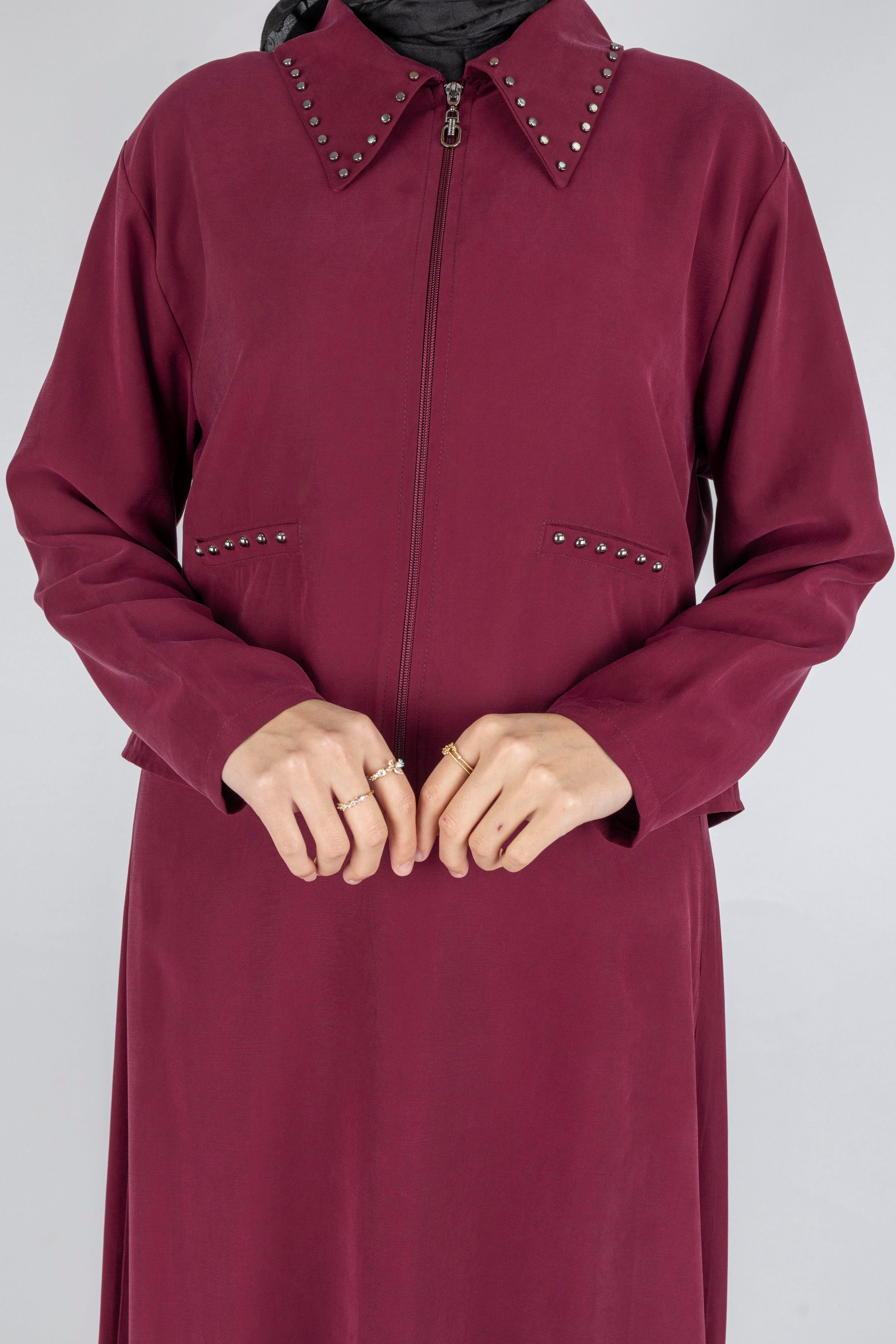 Taş Detaylı Fermuarlı Etekli Tesettür Takım Bordo OTW320