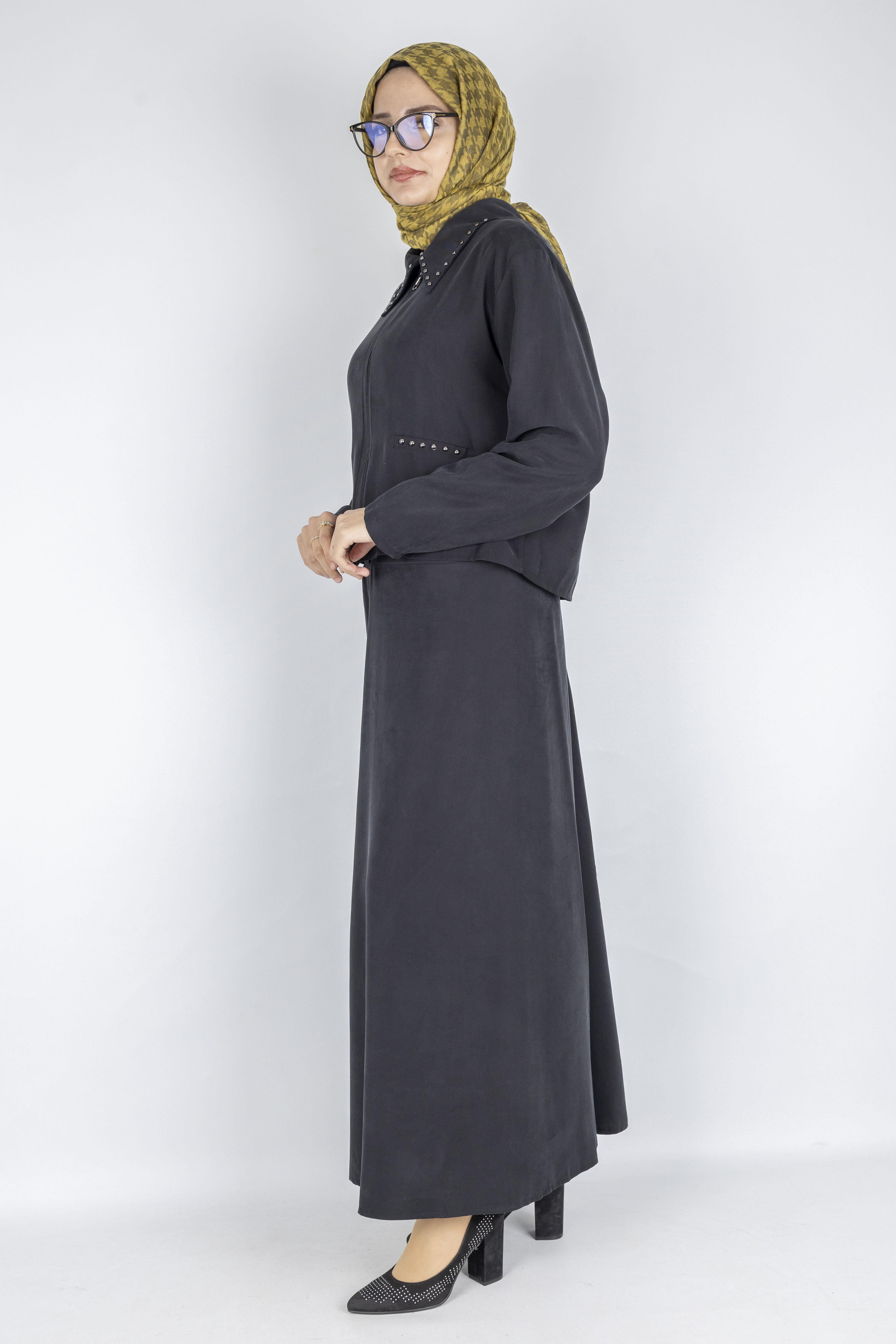 Taş Detaylı Fermuarlı Etekli Tesettür Takım Siyah OTW320