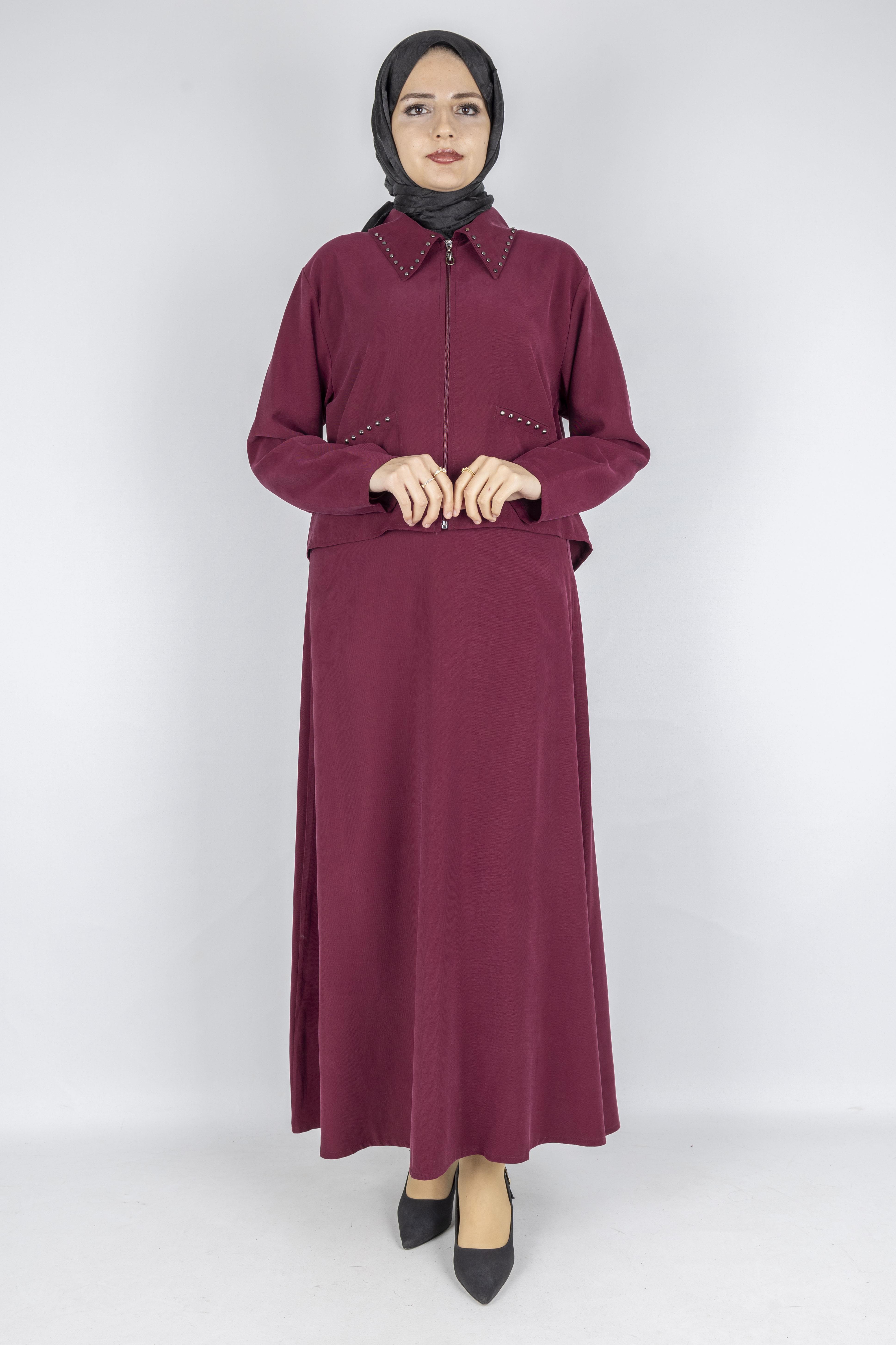 Taş Detaylı Fermuarlı Etekli Tesettür Takım Bordo OTW320