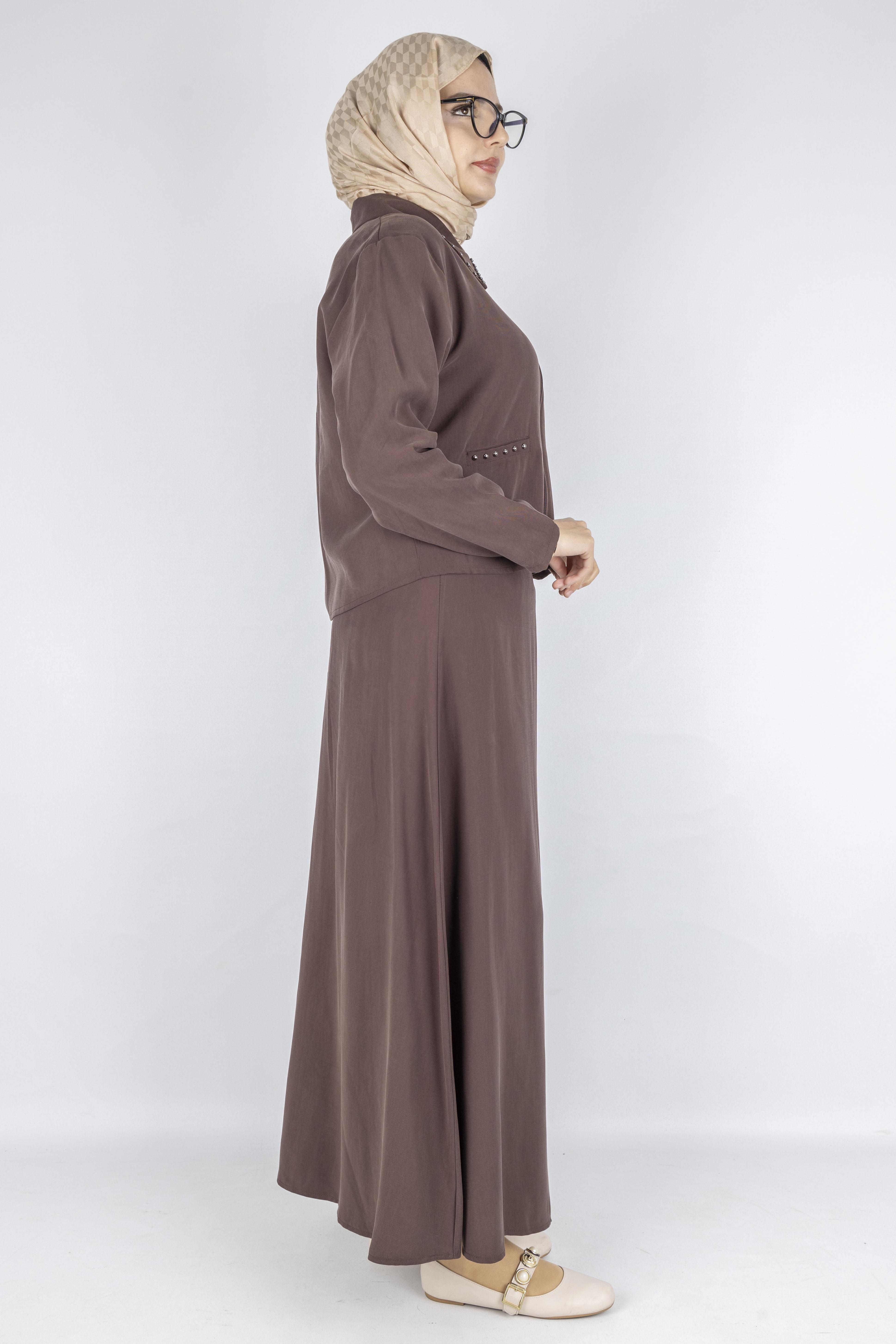 Taş Detaylı Fermuarlı Etekli Tesettür Takım Kahve OTW320
