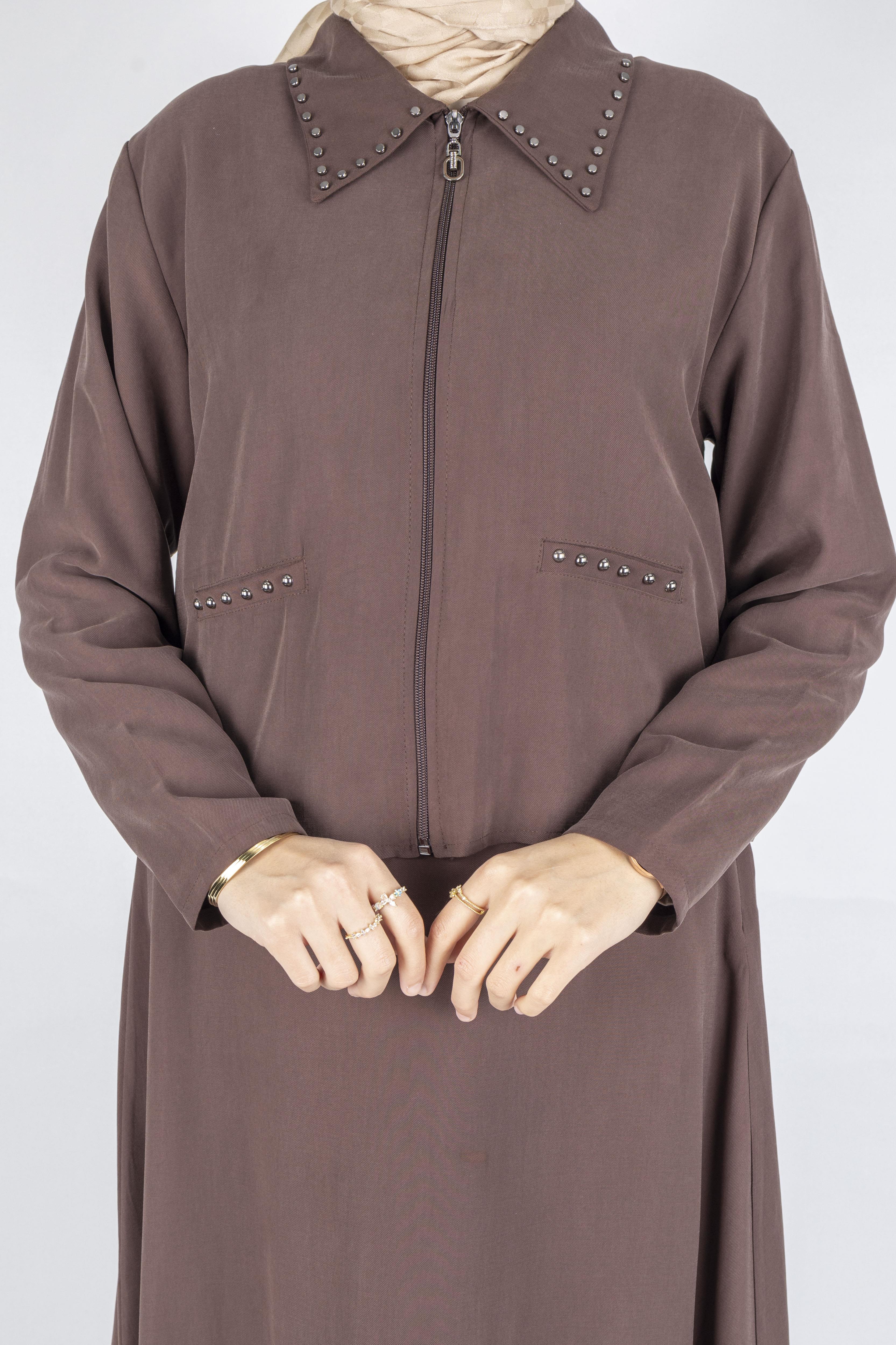 Taş Detaylı Fermuarlı Etekli Tesettür Takım Kahve OTW320