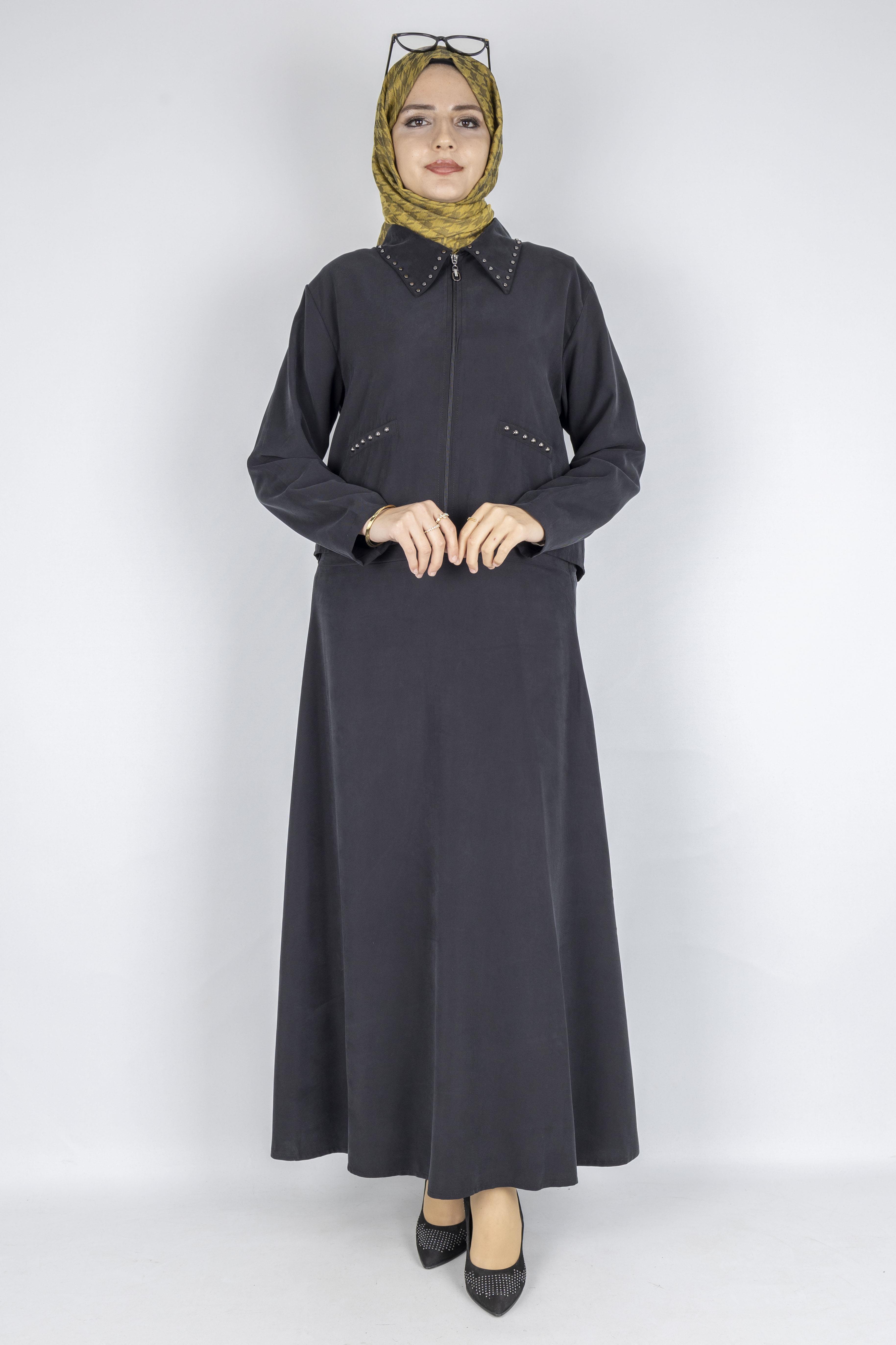 Taş Detaylı Fermuarlı Etekli Tesettür Takım Siyah OTW320