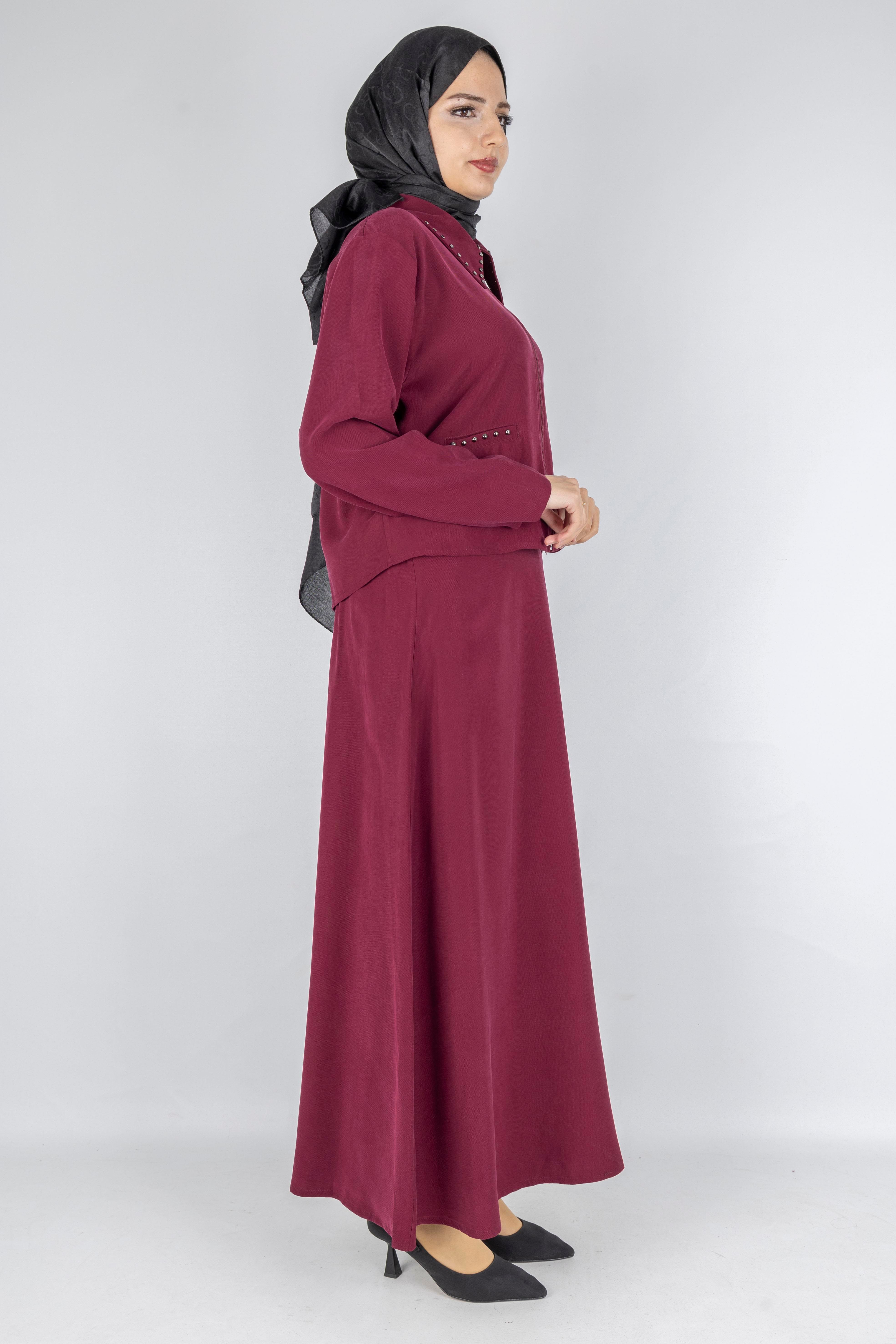 Taş Detaylı Fermuarlı Etekli Tesettür Takım Bordo OTW320