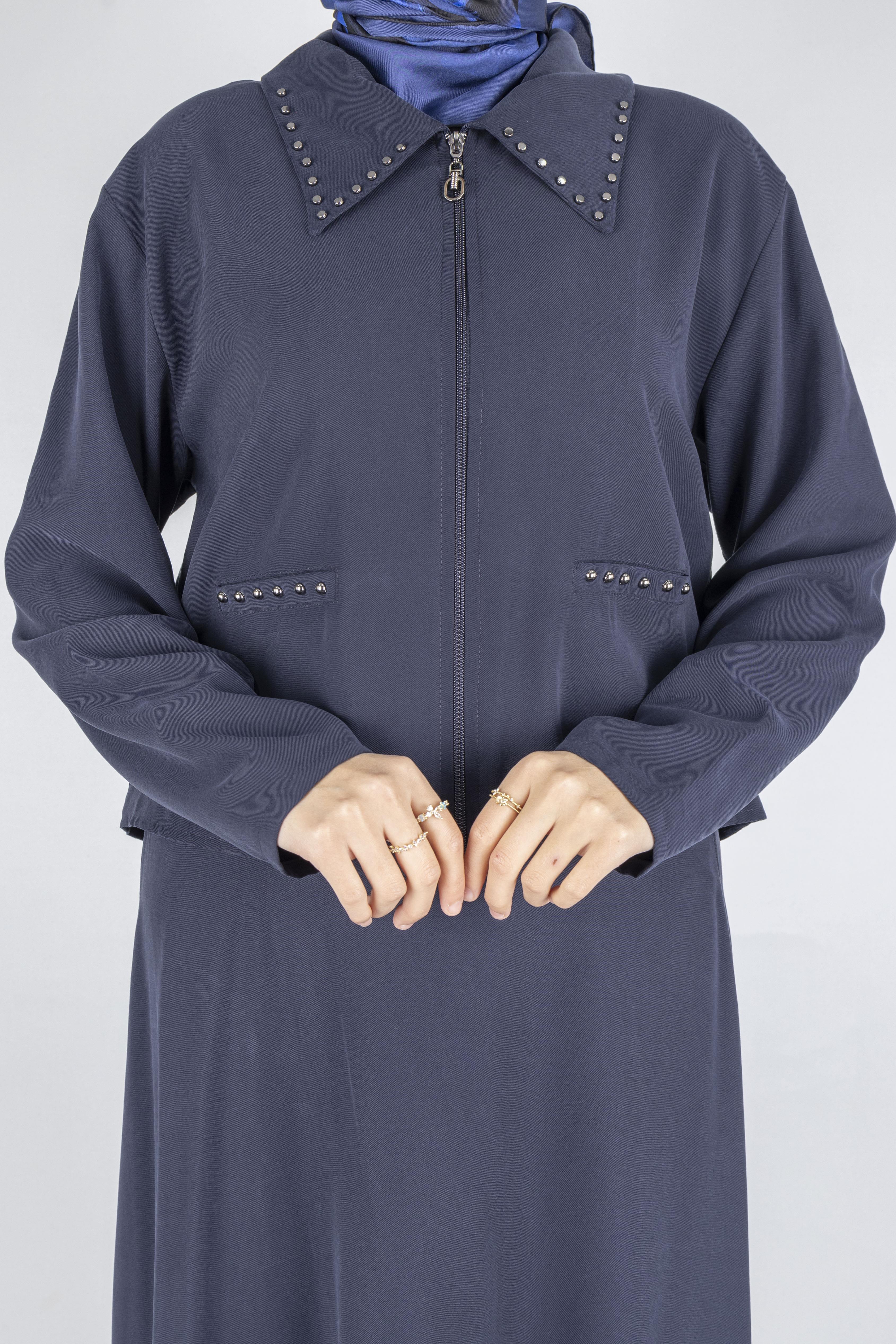 Taş Detaylı Fermuarlı Etekli Tesettür Takım Lacivert OTW320