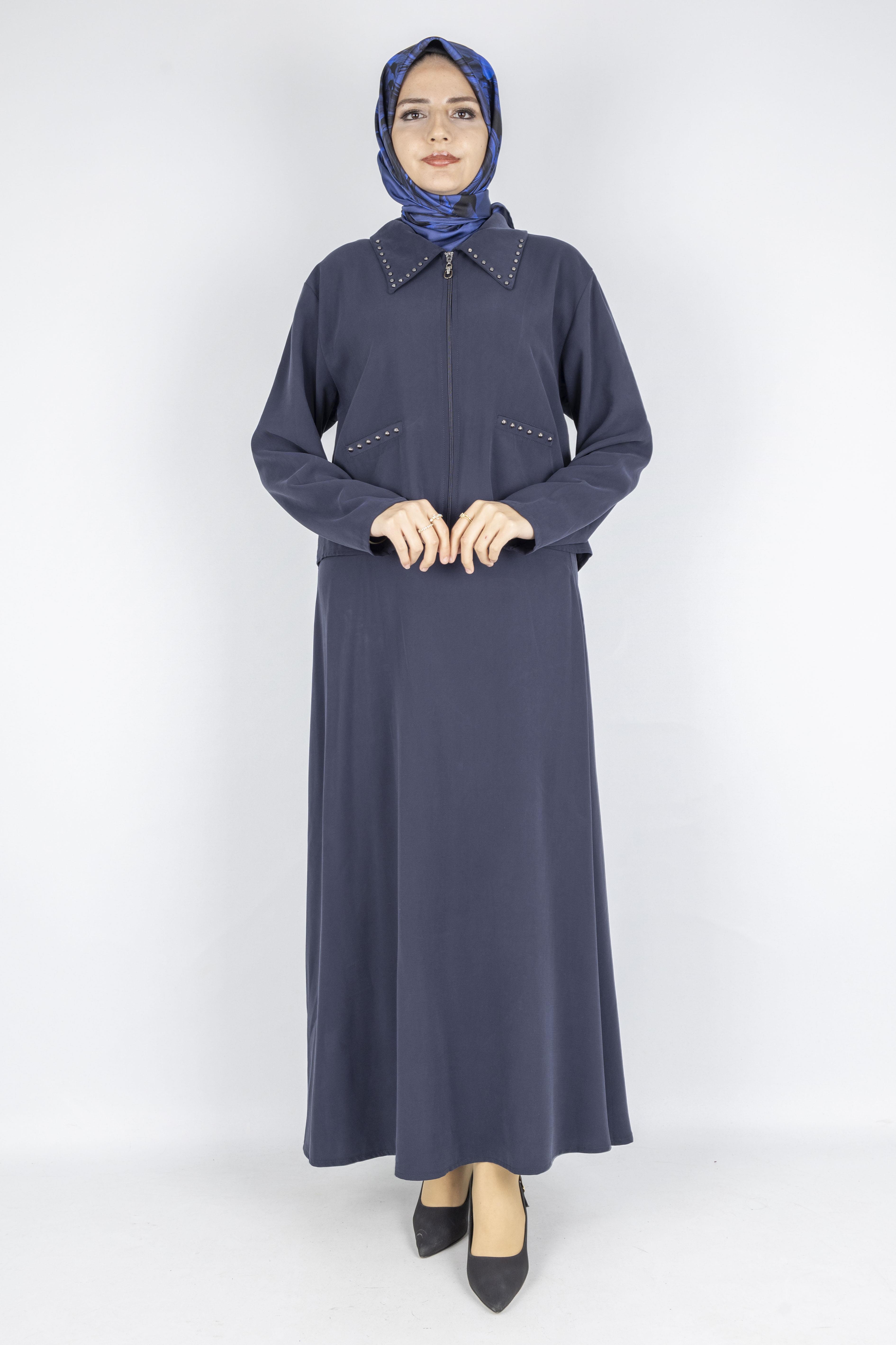Taş Detaylı Fermuarlı Etekli Tesettür Takım Lacivert OTW320