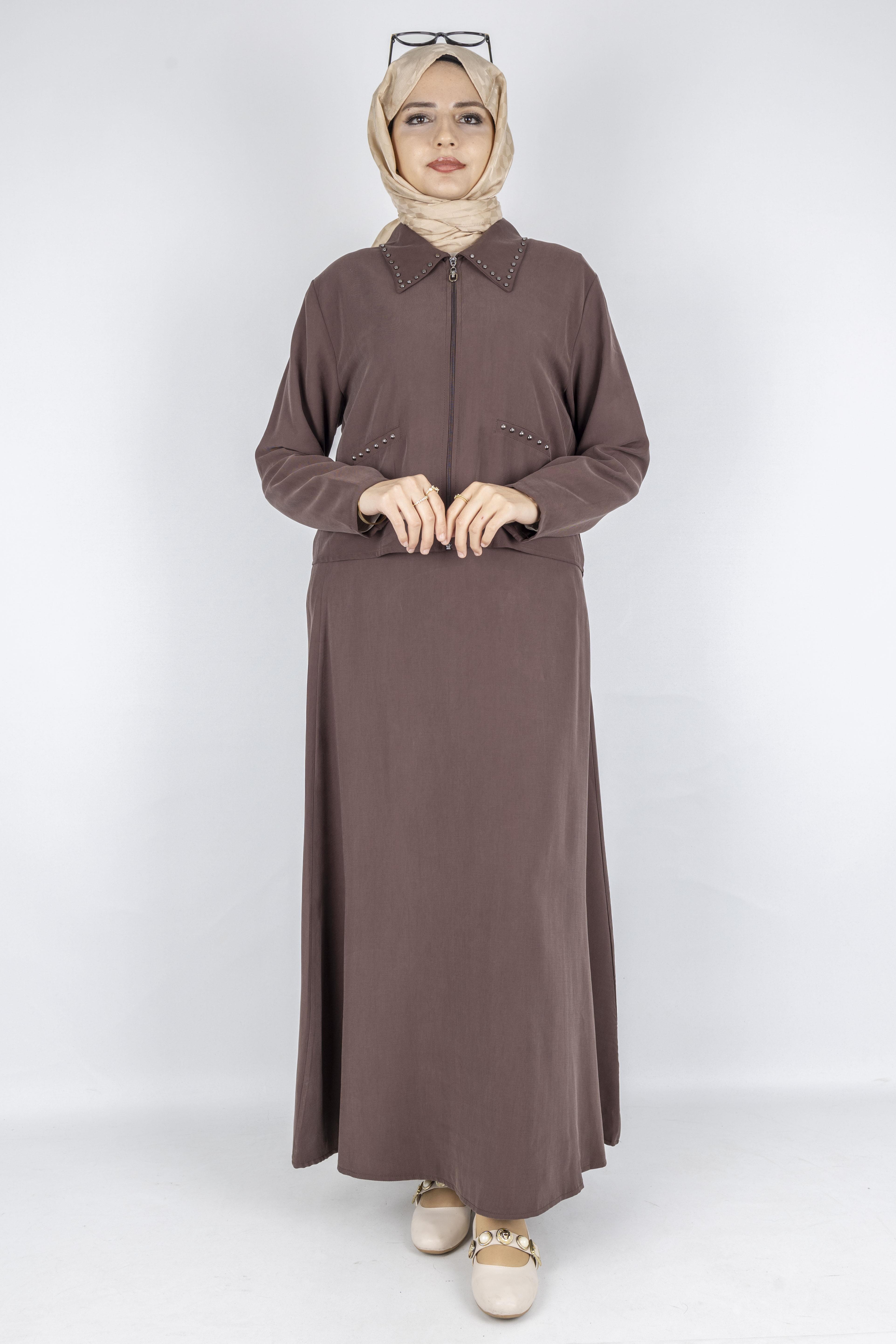 Taş Detaylı Fermuarlı Etekli Tesettür Takım Kahve OTW320