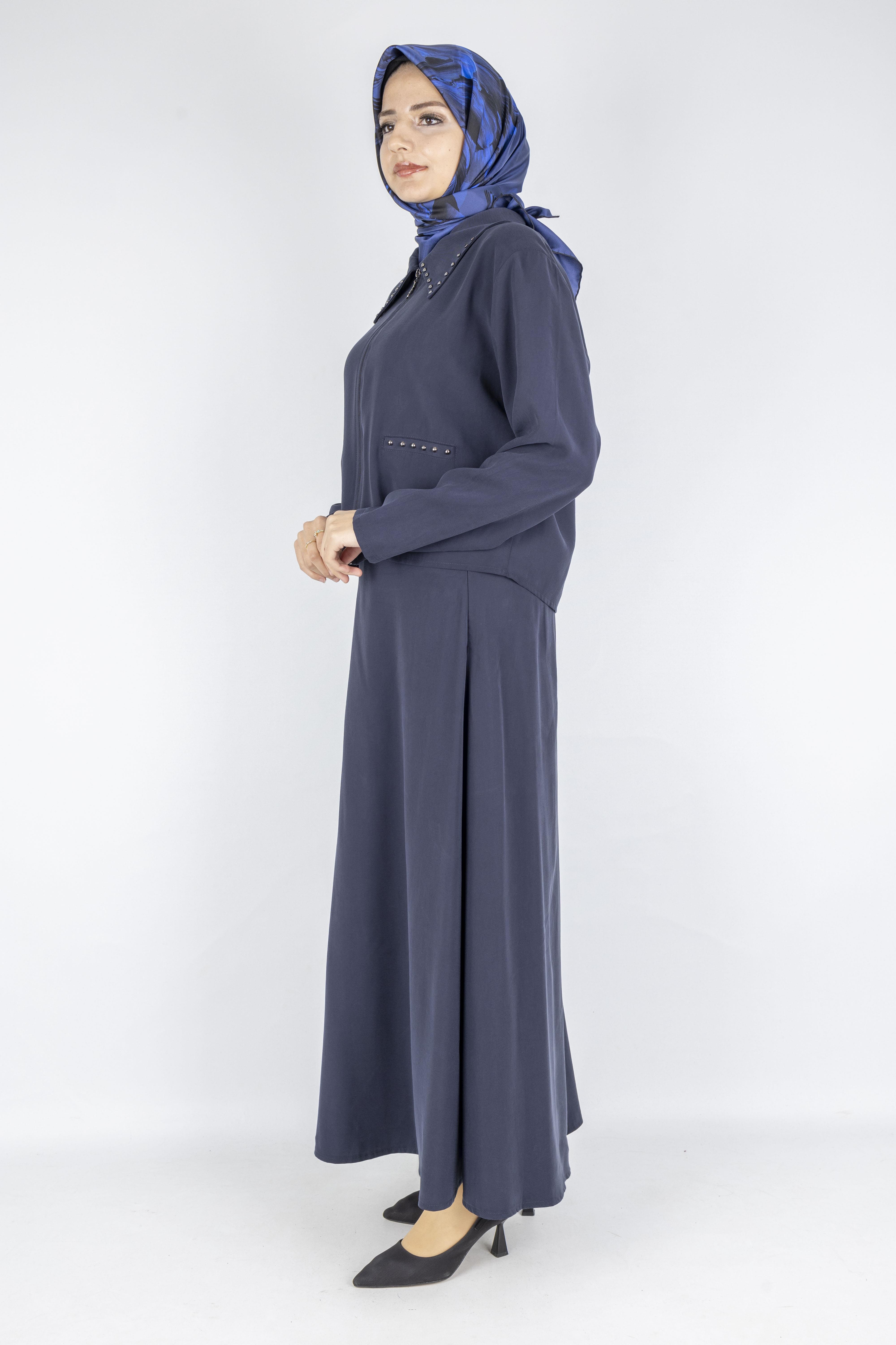 Taş Detaylı Fermuarlı Etekli Tesettür Takım Lacivert OTW320