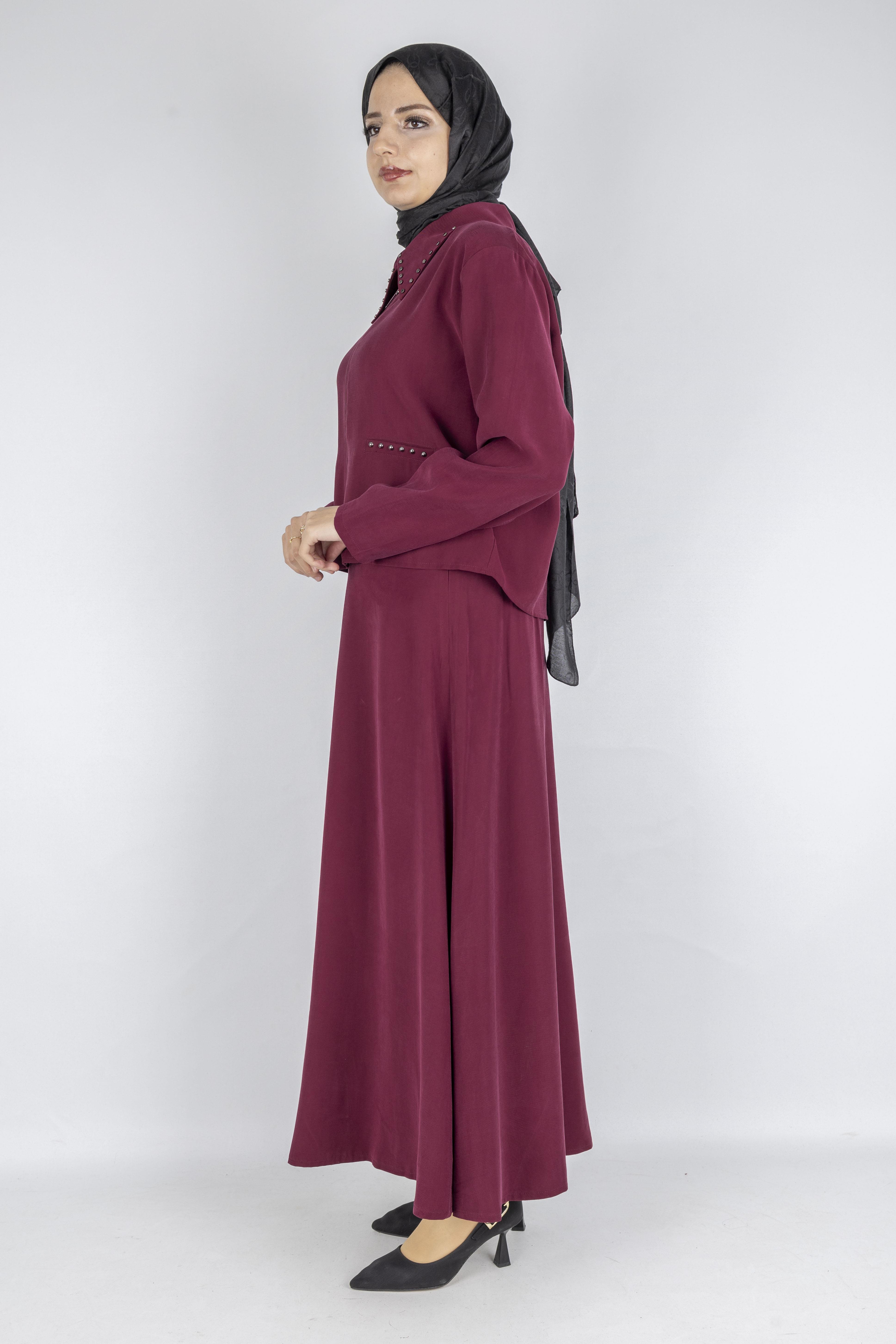 Taş Detaylı Fermuarlı Etekli Tesettür Takım Bordo OTW320