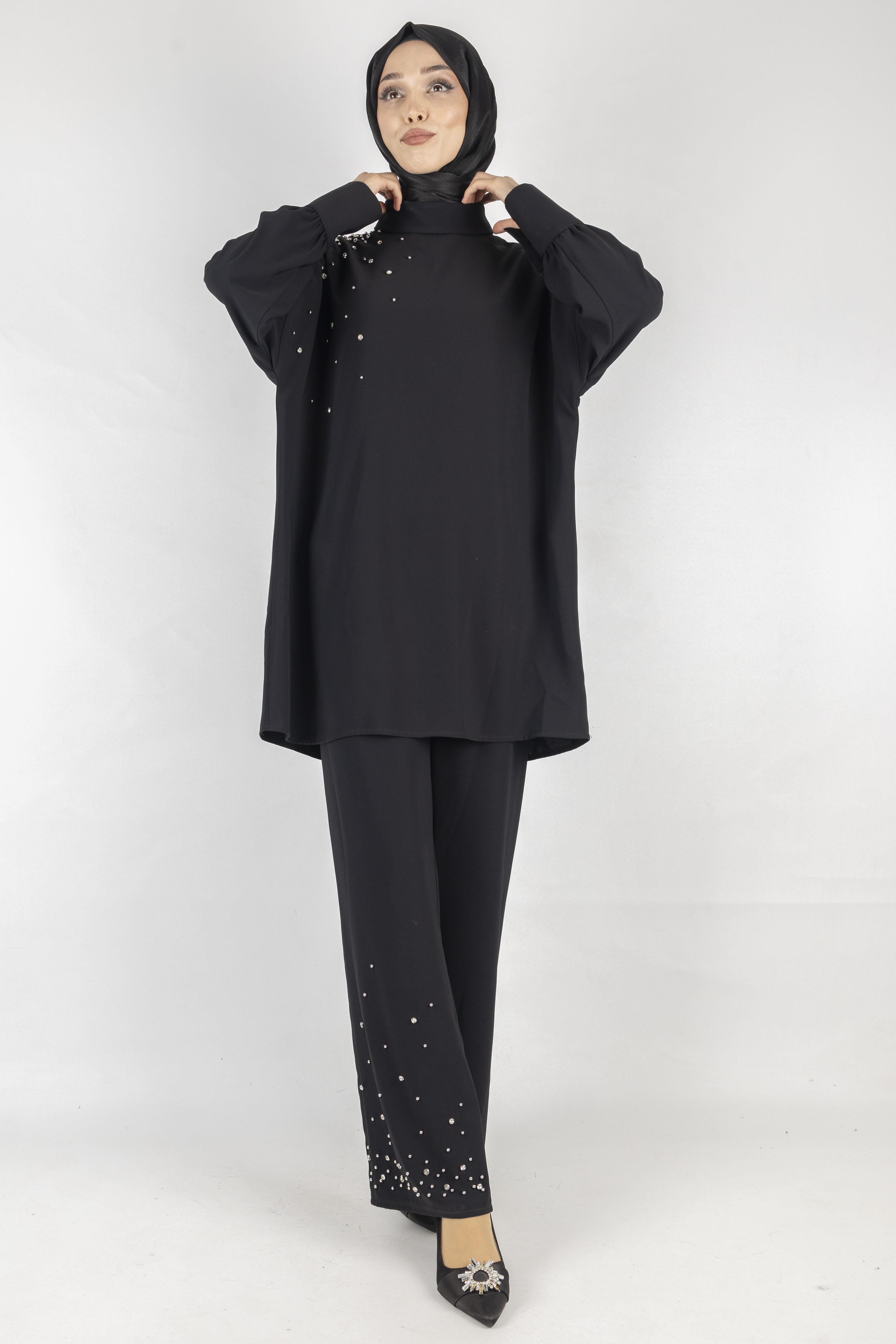 Taş Detaylı Pantolonlu Takım Siyah OTW1014