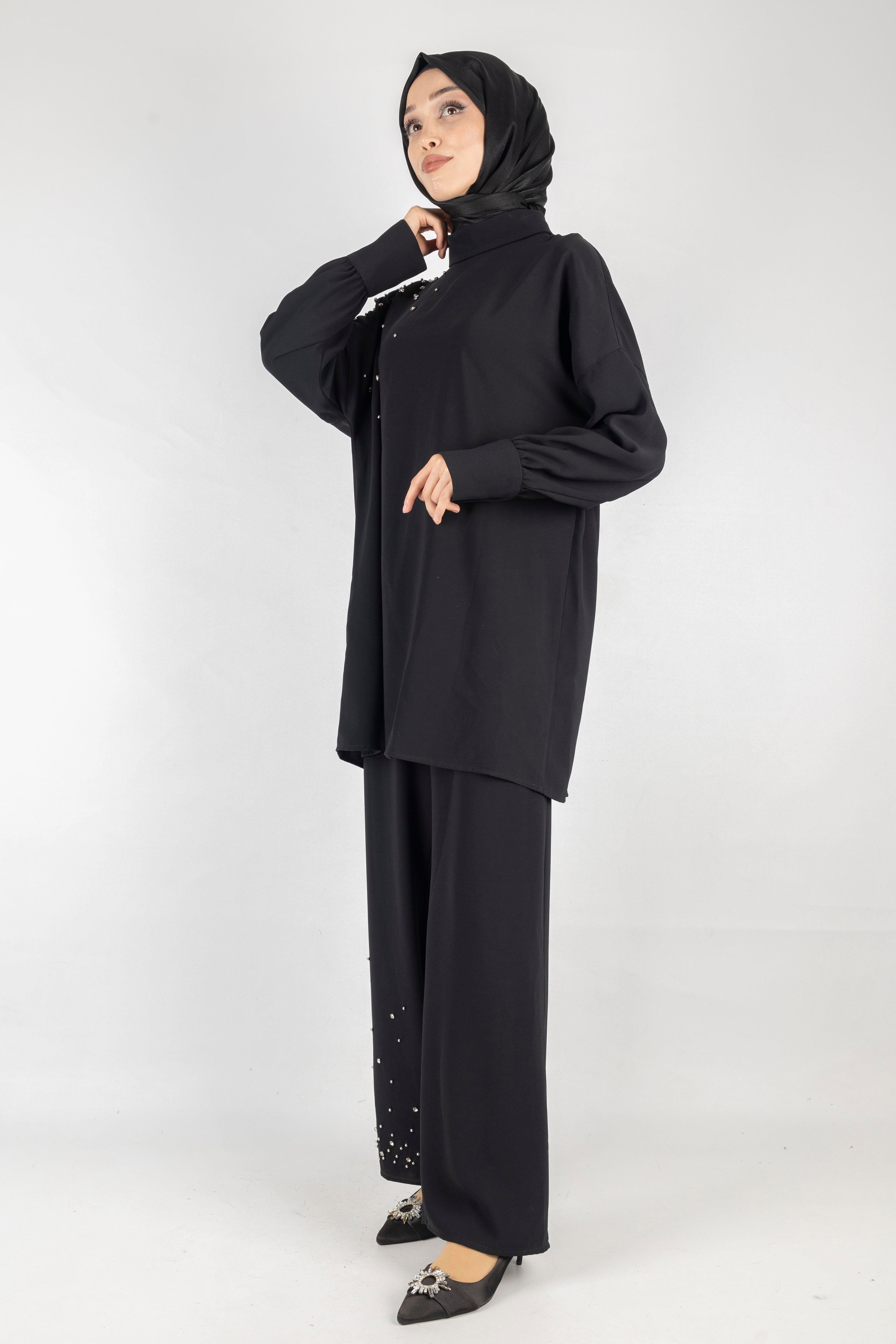 Taş Detaylı Pantolonlu Takım Siyah OTW1014