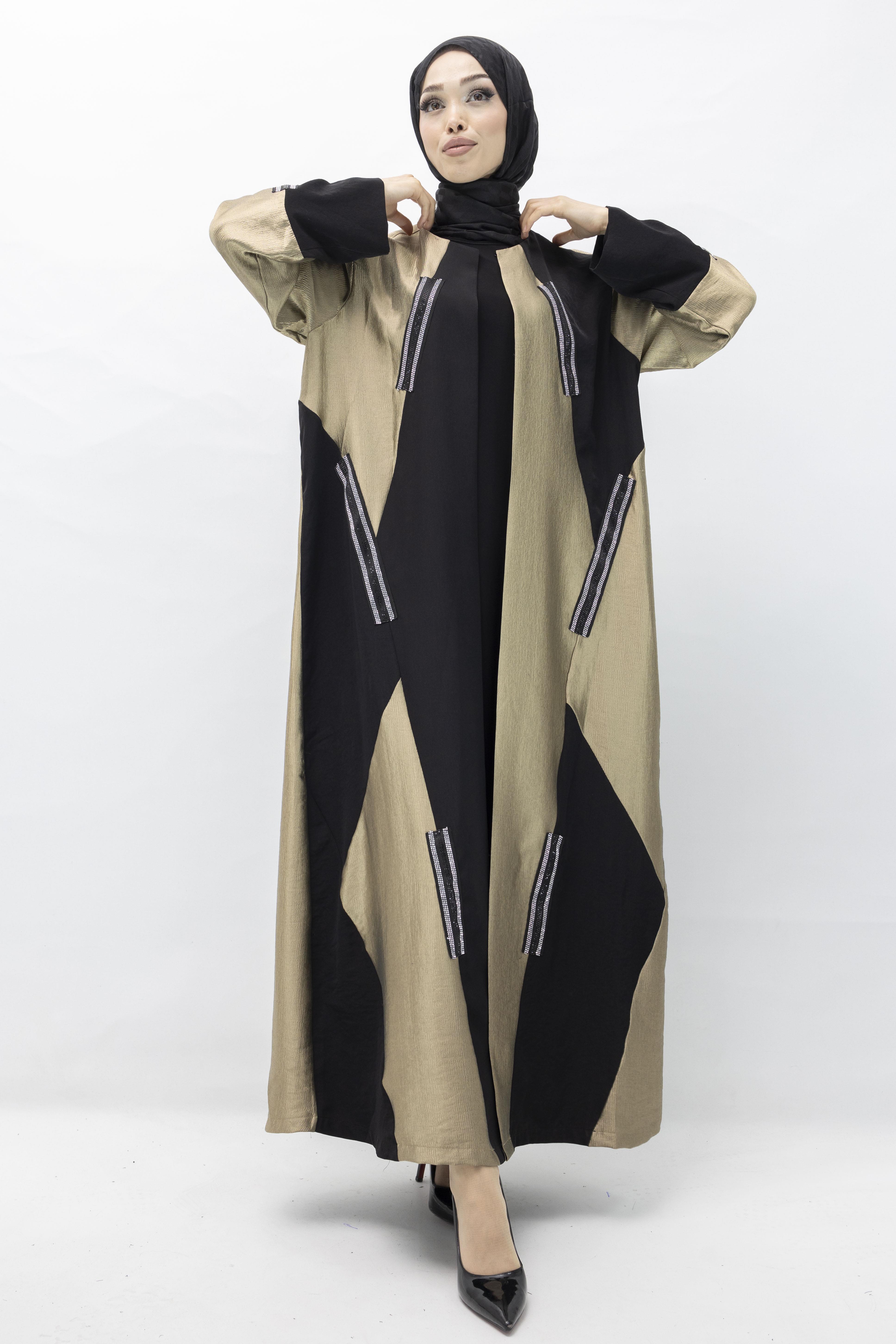 Taş Detaylı Saten Abaya Gold OTW397